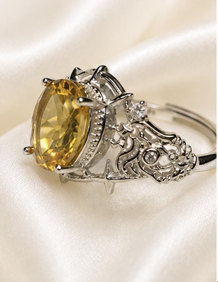 Citrine Ring in 925 Sterling Silver - Adjustable Gothic Jewellery - Ornate Thorn Design Celtic Dragon Jewellery
