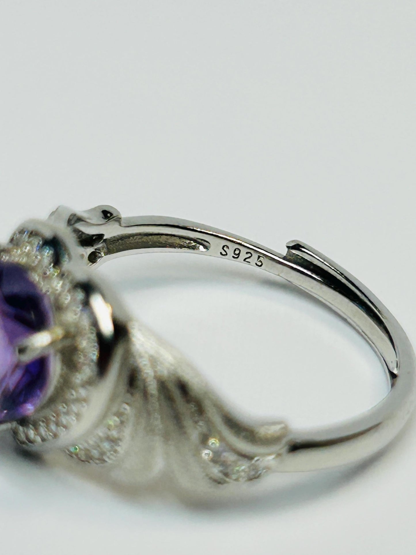 Amethyst Heart Ring, Adjustable 925 Sterling Silver, Faceted Gemstone, CZ Halo & Angel Wings Celtic Dragon Jewellery