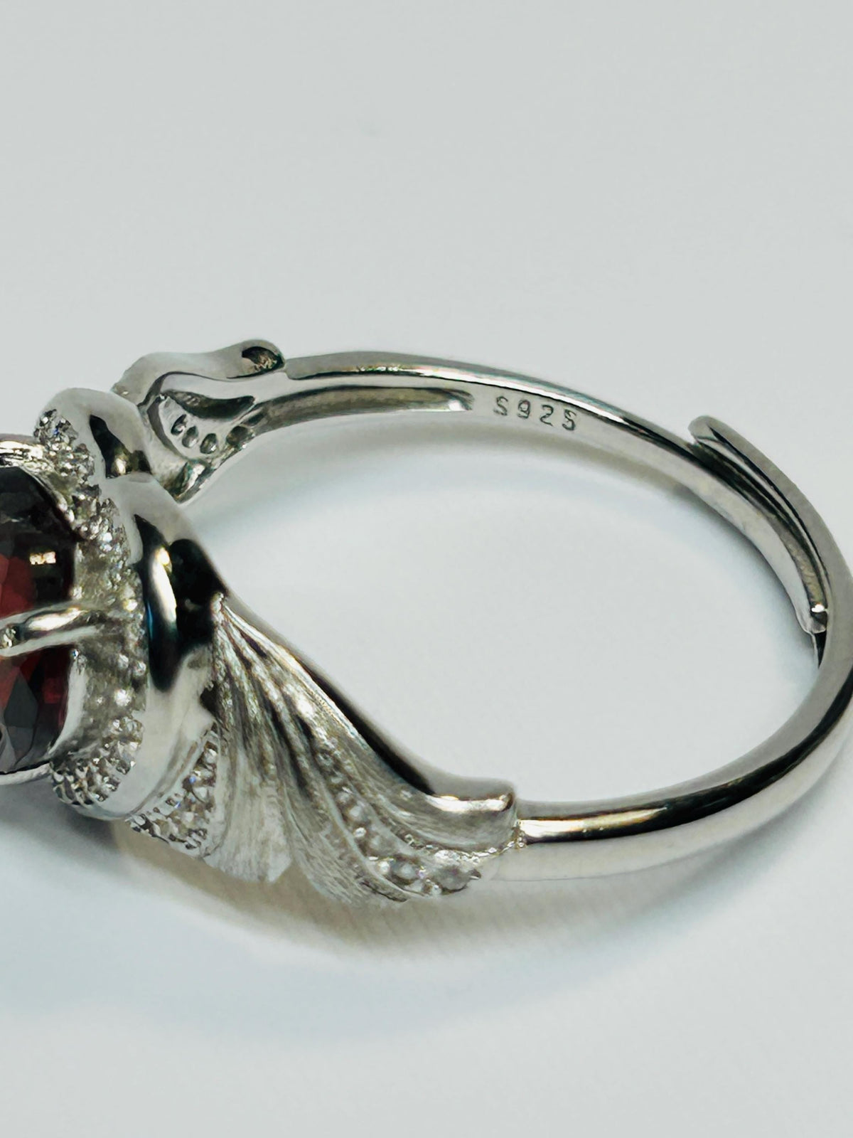 Garnet Heart Ring, Adjustable 925 Sterling Silver, Faceted Gemstone, CZ Halo & Angel Wings Celtic Dragon Jewellery