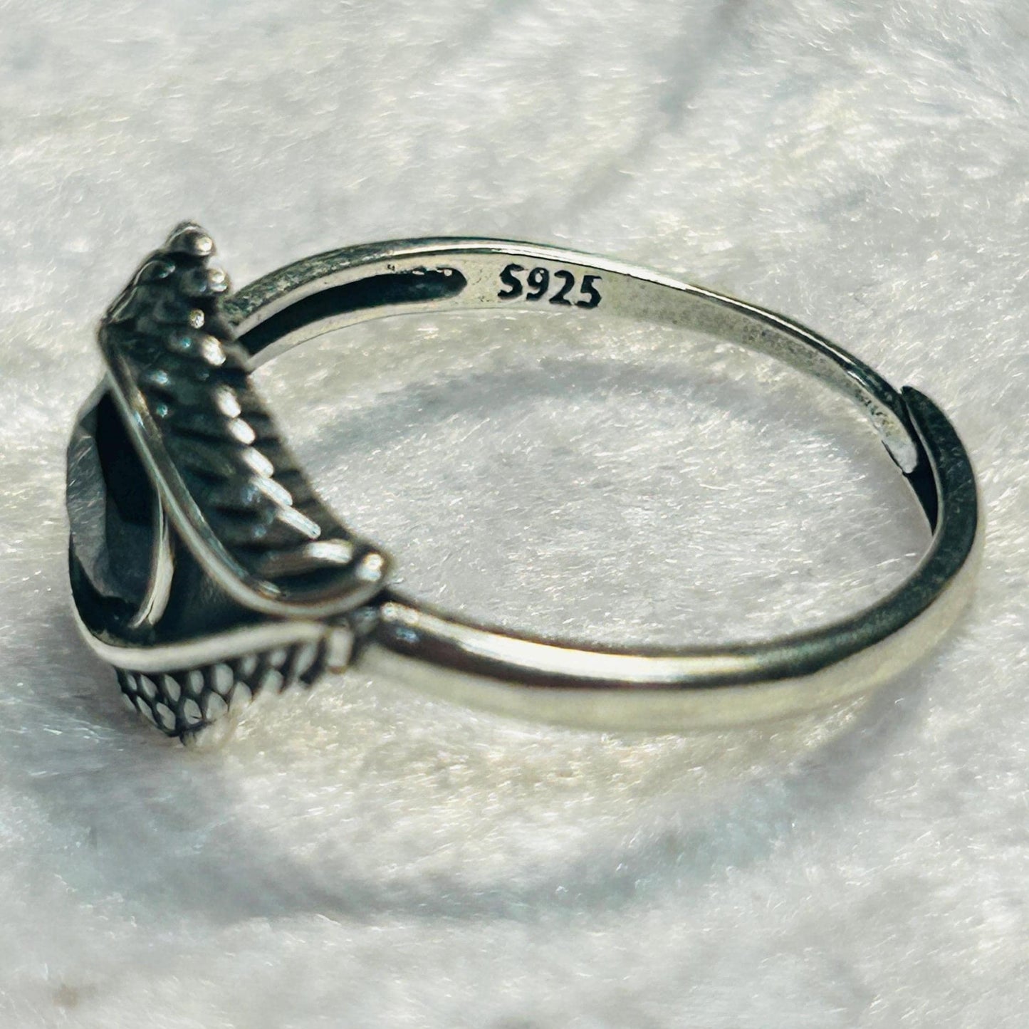 Sterling Silver Eye Ring with Black Spinel, Adjustable Bypass Band Celtic Dragon Jewellery