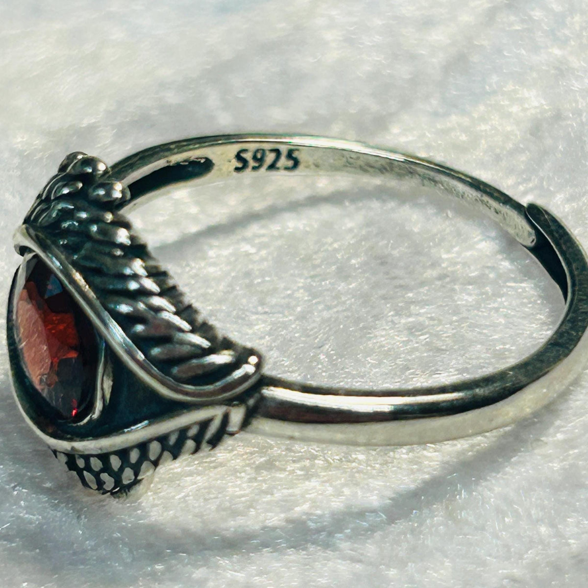 Sterling Silver Eye Ring with Red Garnet, Adjustable Bypass Band Celtic Dragon Jewellery