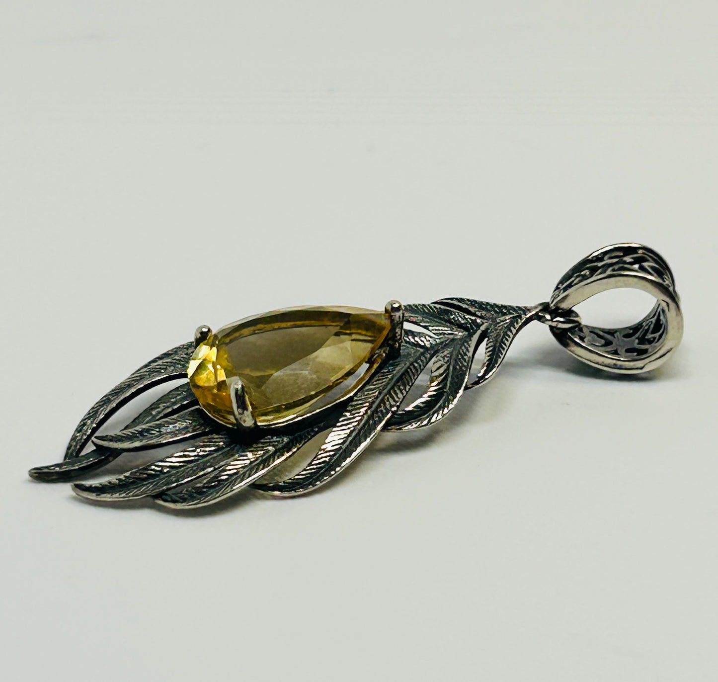Feather Pendant with Citrine Teardrop in 925 Sterling Silver Celtic Dragon Jewellery