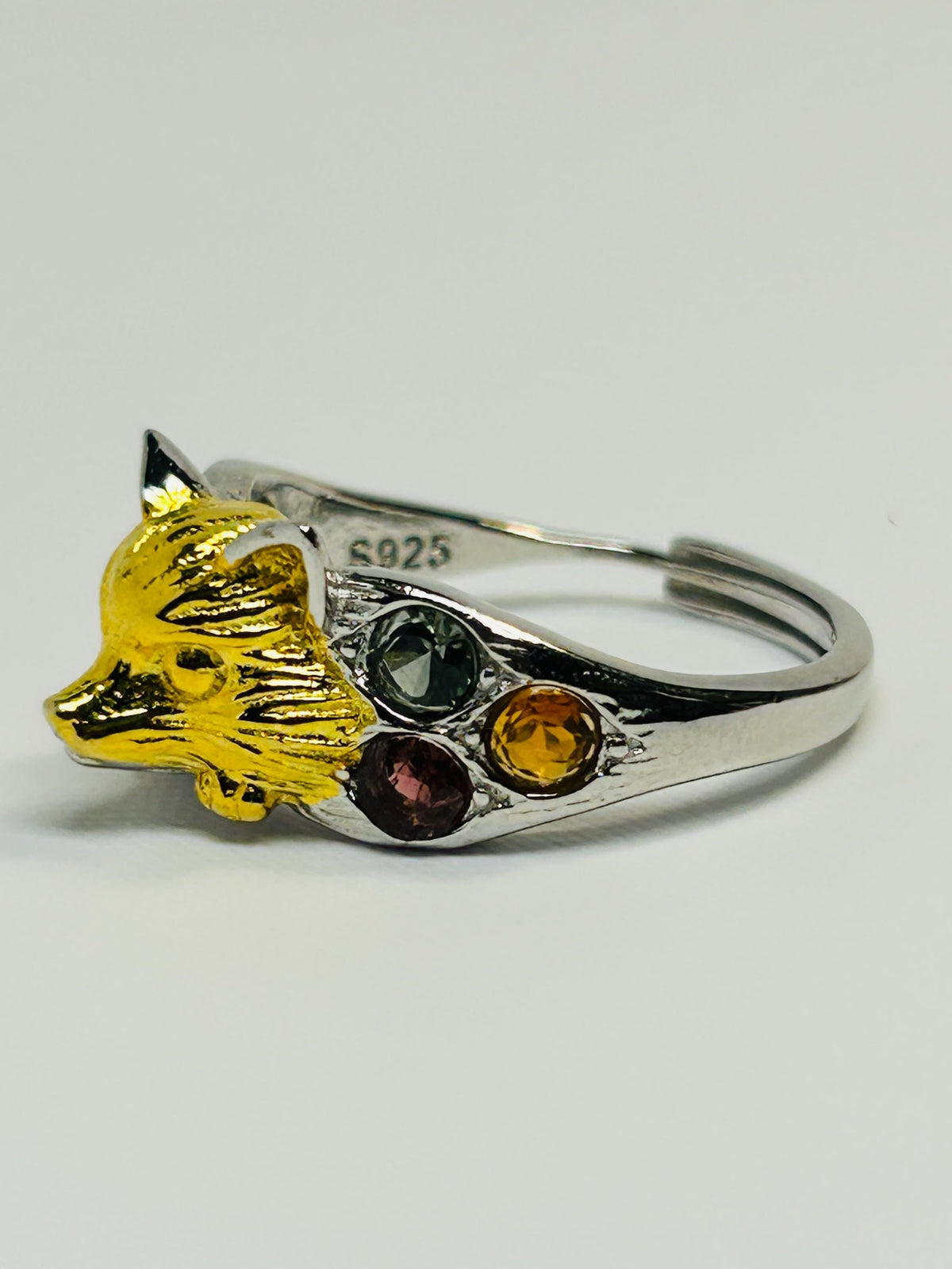 Fox Ring in 925 Sterling Silver with Multi Tourmaline Accents - Gold Plated Woodland Jewellery Celtic Dragon Jewellery