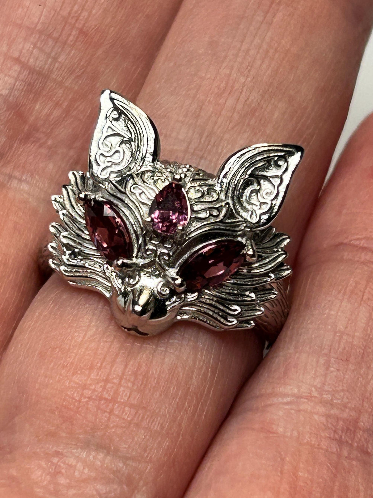 Fox Ring with Pink Garnet - 925 Sterling Silver - Adjustable Woodland Jewellery Celtic Dragon Jewellery