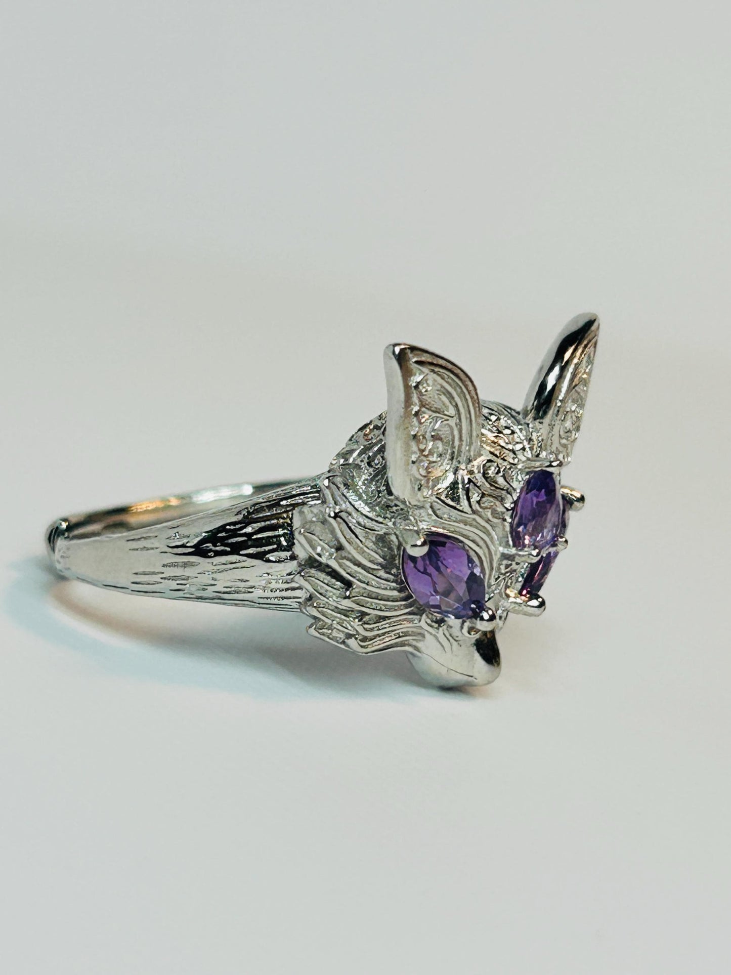 Fox Ring with Amethyst - 925 Sterling Silver - Adjustable Woodland Jewellery