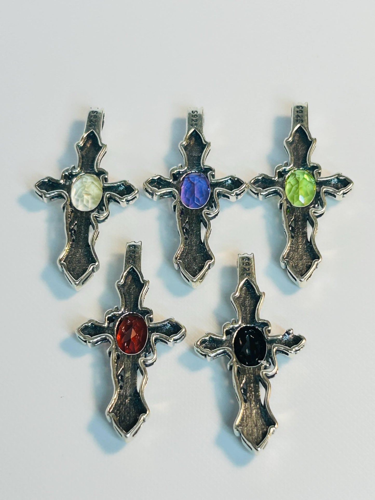 925 Silver Gothic Cross Pendant - Citrine, Garnet, Amethyst, Peridot, Spinel - Ornate Gemstone Jewellery Celtic Dragon Jewellery