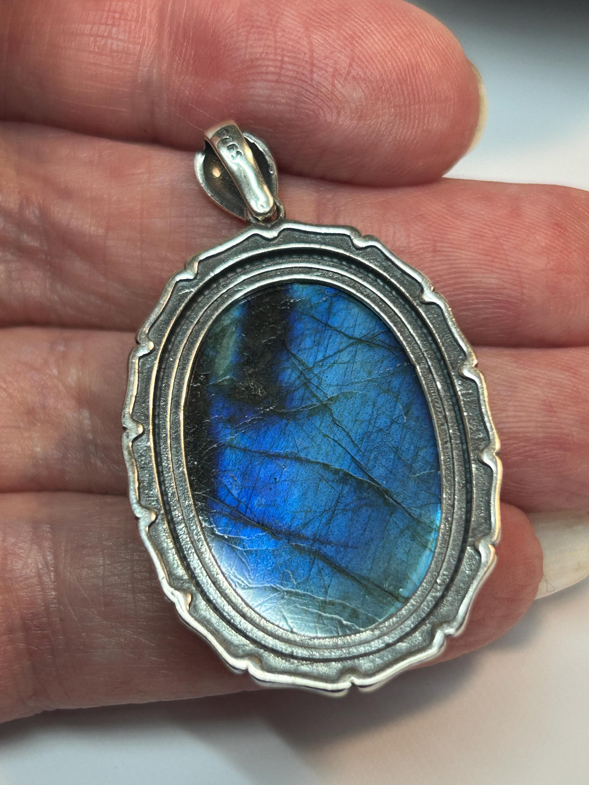 Blue Flash Labradorite Pendant, 925 Sterling Silver - Large Oval Gemstone Statement Jewellery Celtic Dragon Jewellery