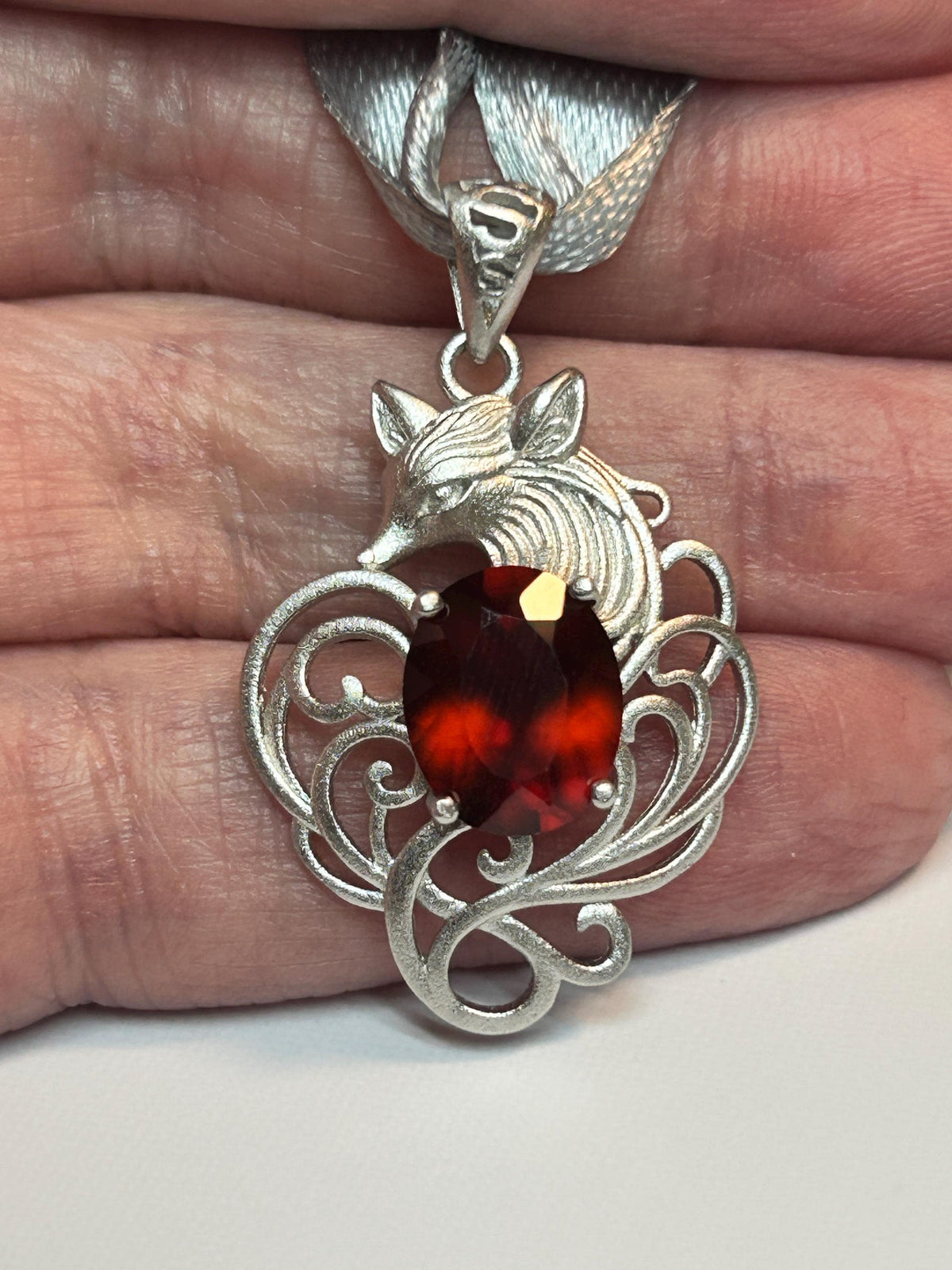 Garnet Nine Tailed Fox Pendant, 925 Sterling Silver Kitsune Fantasy Jewellery Celtic Dragon Jewellery