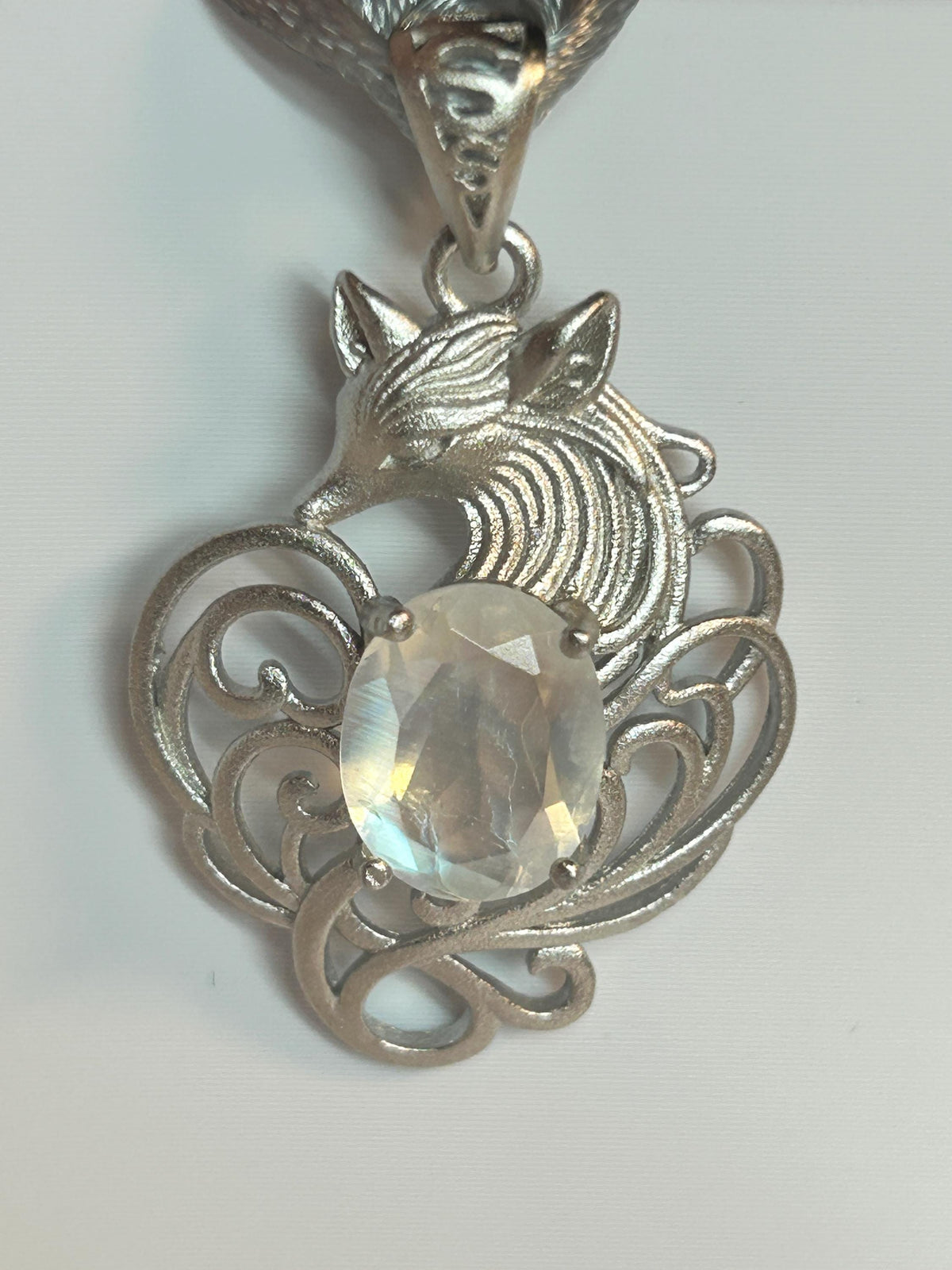 Nine Tailed Fox Pendant with Moonstone, White Labradorite - 925 Sterling Silver Kitsune Fantasy Jewellery Celtic Dragon Jewellery