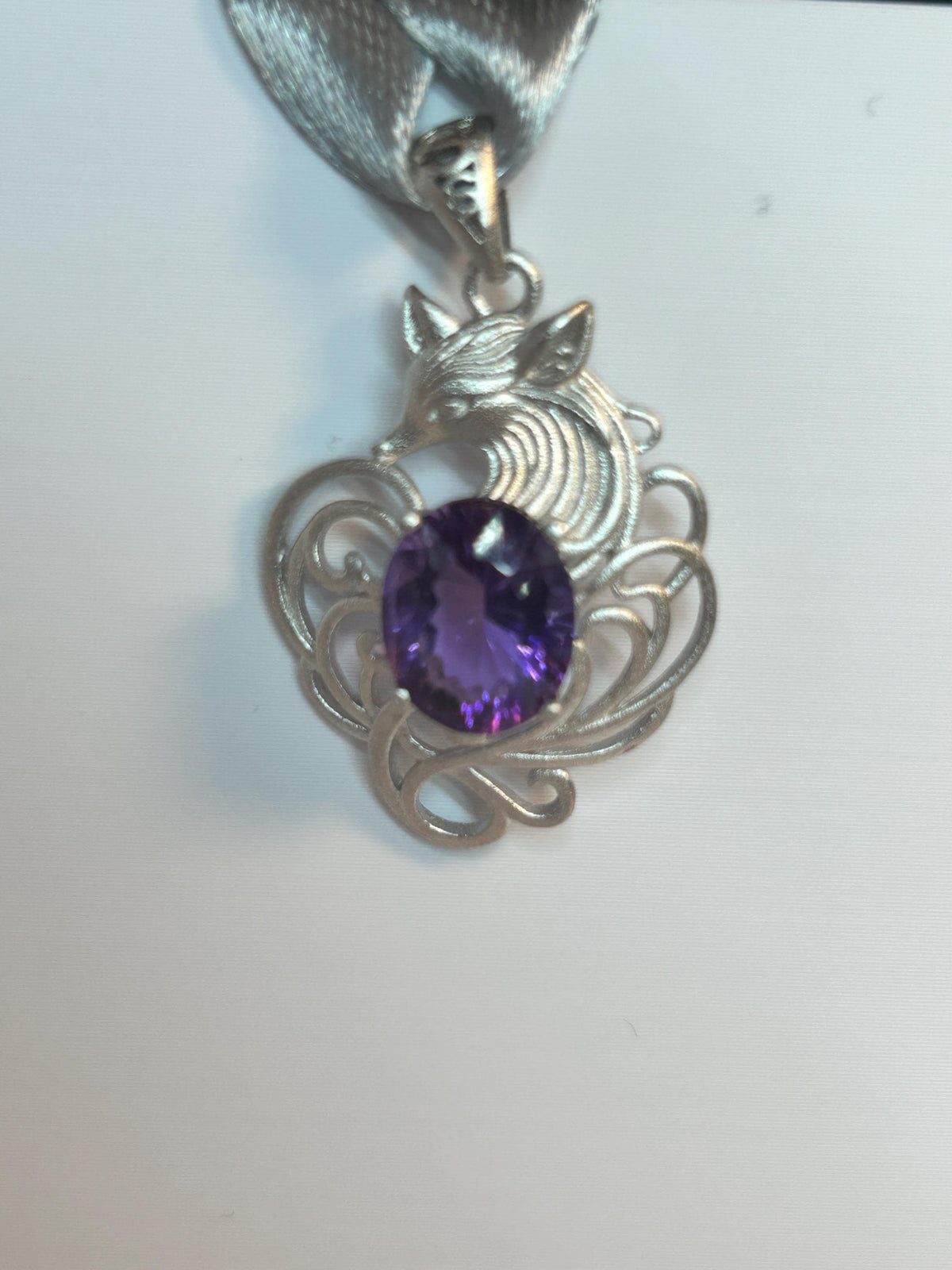 Nine Tailed Fox Pendant with Amethyst - 925 Sterling Silver Kitsune Fantasy Jewellery Celtic Dragon Jewellery