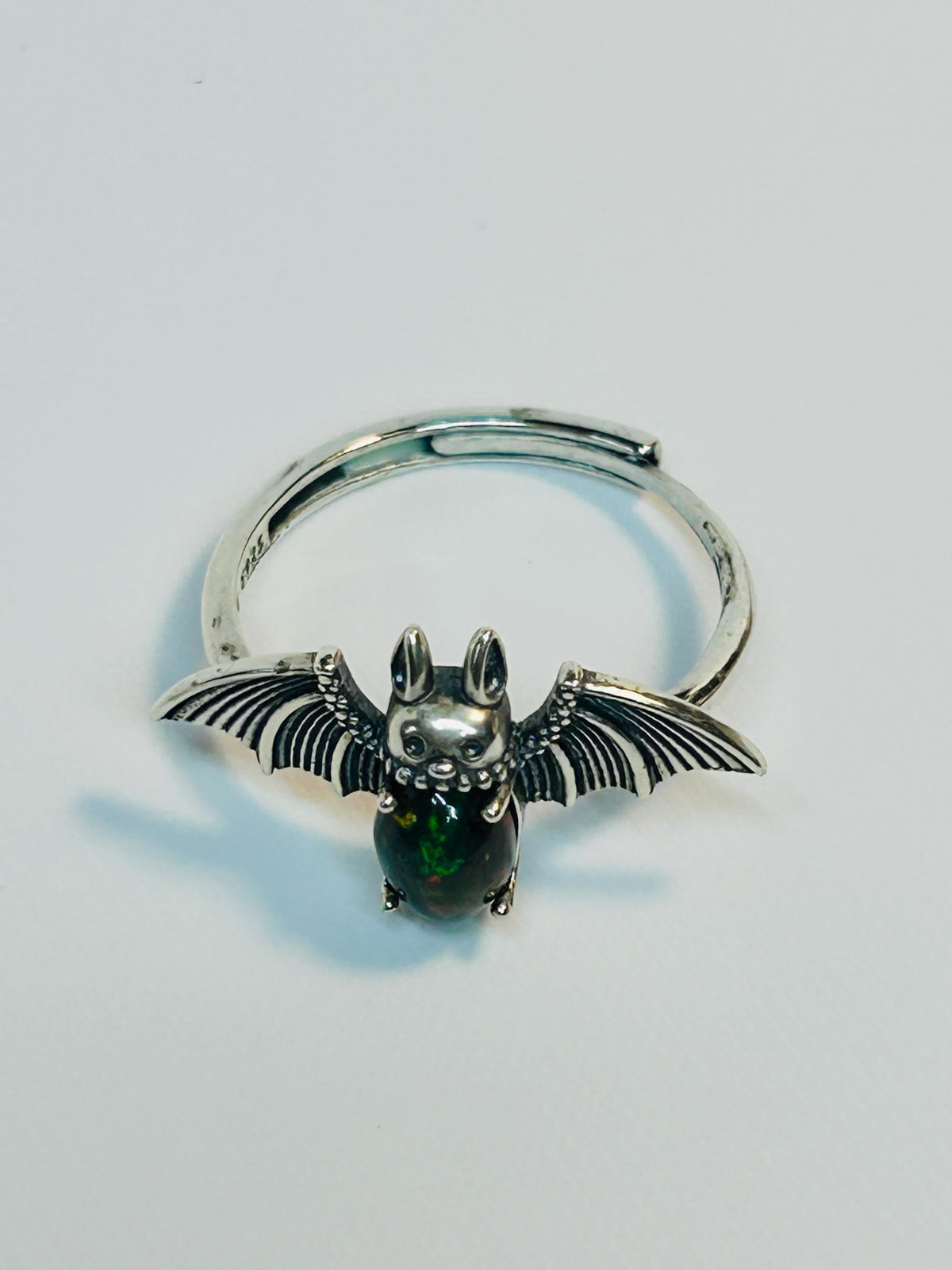 Black Opal Gothic Bat Ring, 925 Sterling Silver Winged Statement Ring Celtic Dragon Jewellery