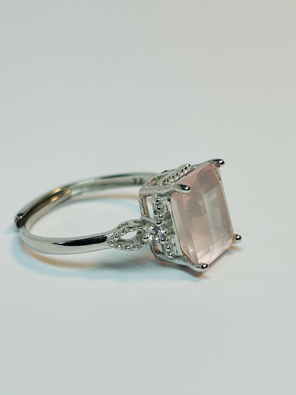 Rose Quartz Ring, 925 Sterling Silver - Rectangular Gemstone with CZ Accents Celtic Dragon Jewellery