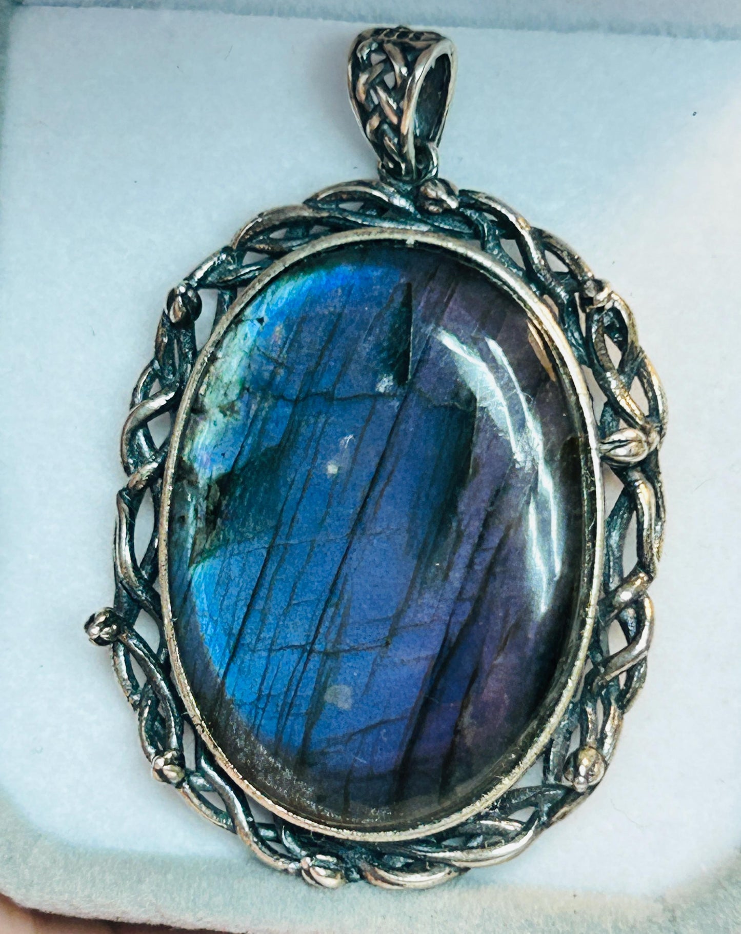 Purple Flash Labradorite Pendant, 925 Sterling Silver - Large Oval Gemstone Statement Jewellery Celtic Dragon Jewellery