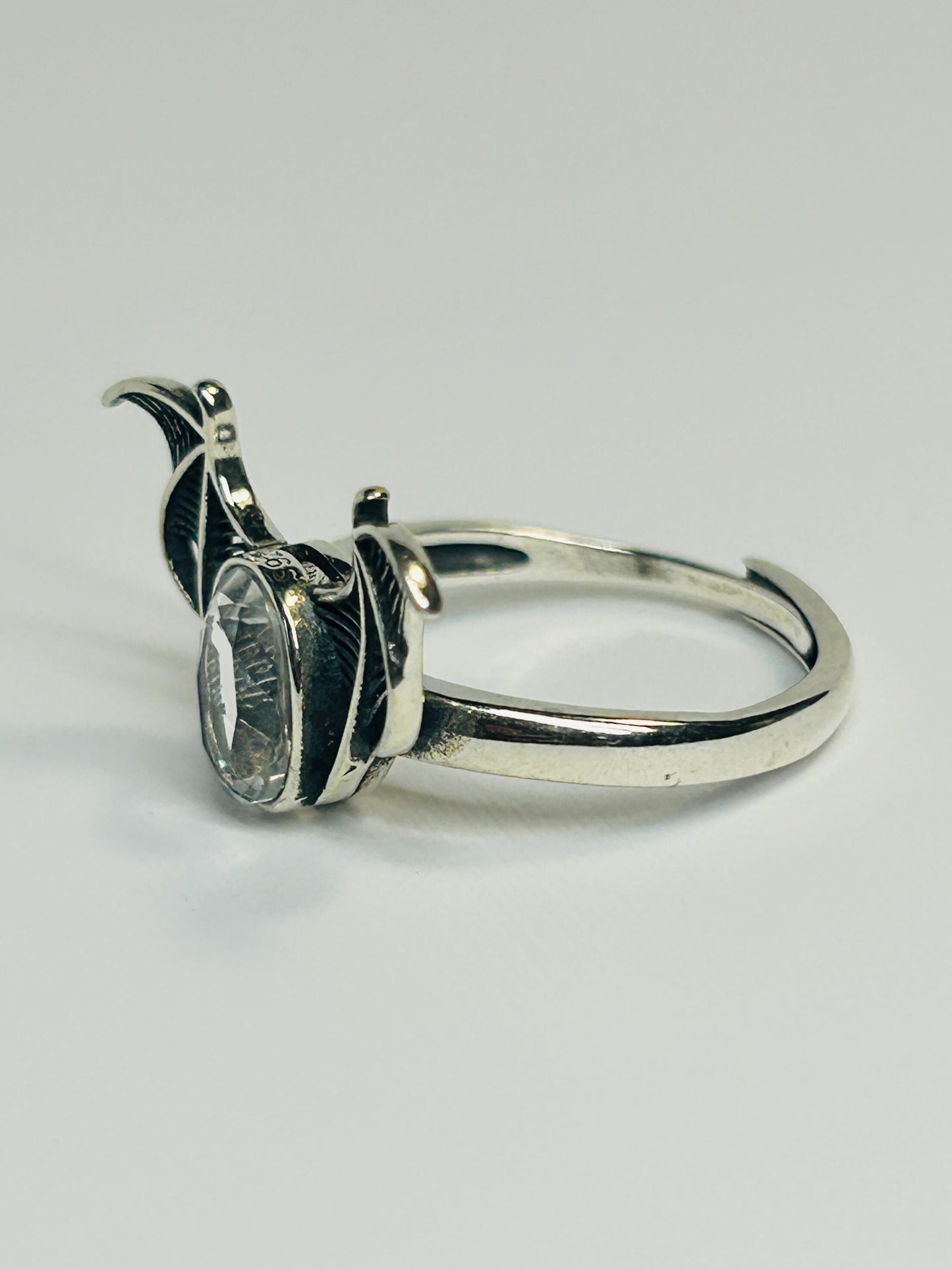 Clear Quartz Bat Ring in 925 Sterling Silver - Adjustable Goth Vampire Wing Jewellery Celtic Dragon Jewellery