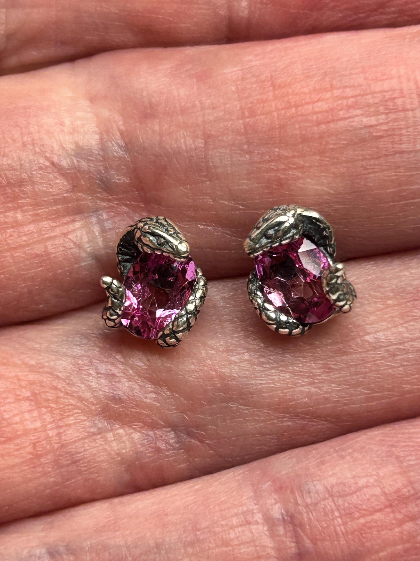 Small Snake Earrings With Pink Topaz Gemstones - 925 Sterling Silver - Gothic Serpent Jewellery Celtic Dragon Jewellery