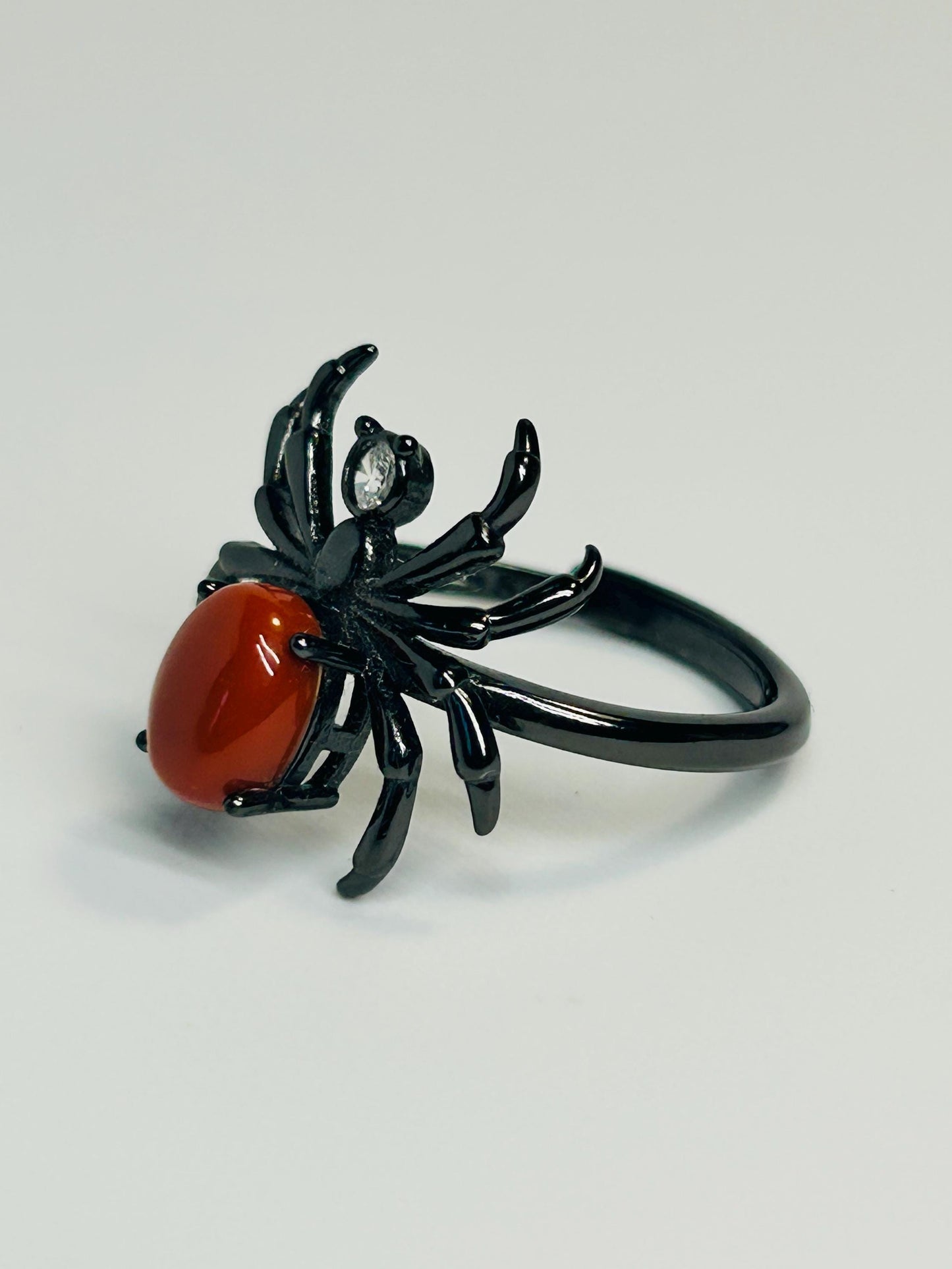 Black Ruthenium Plated Sterling Silver Spider Ring with Southern Red Agate - Adjustable Gothic Jewellery