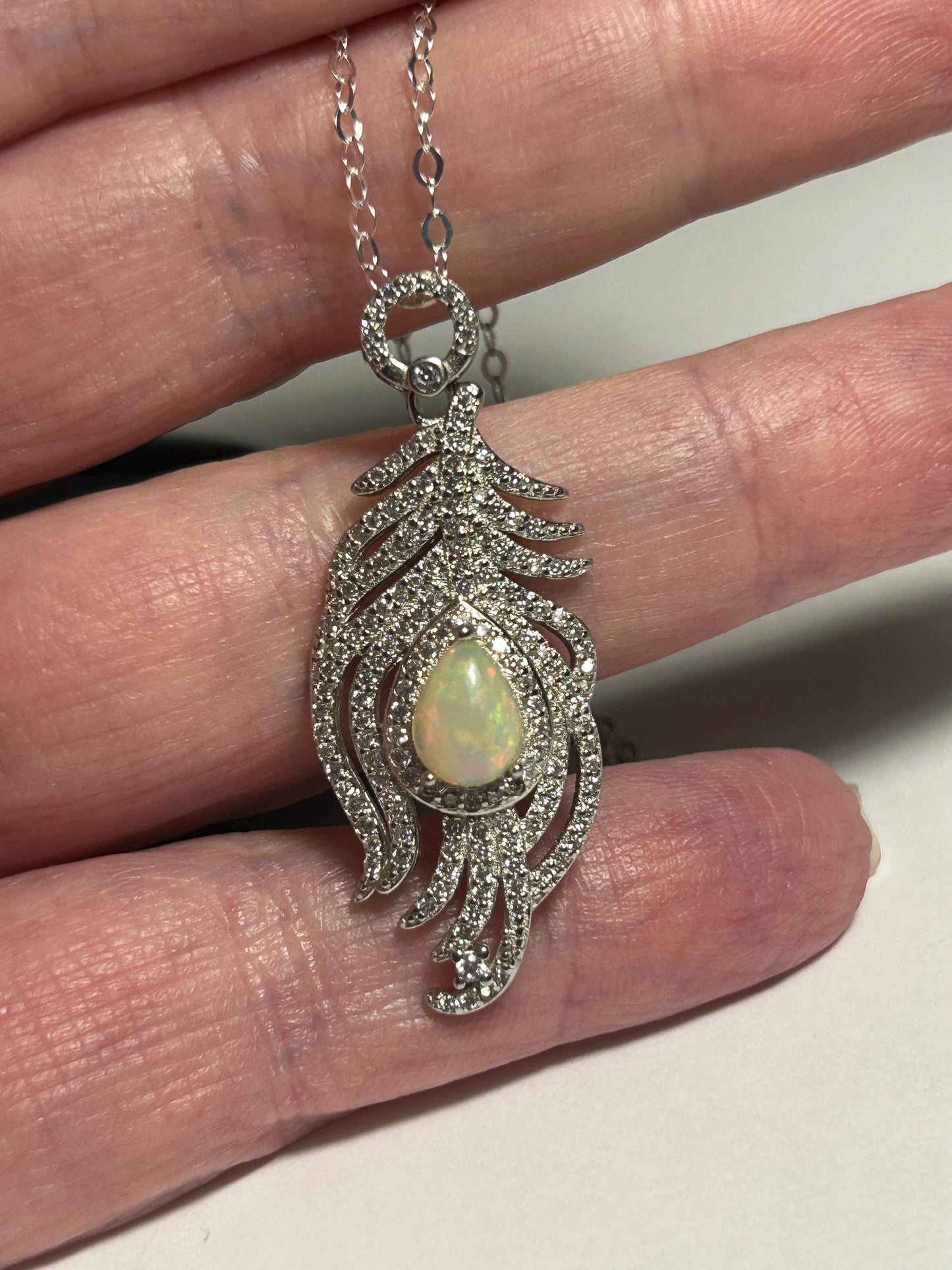 Sterling Silver Peacock Feather Pendant: Rainbow Opal & CZ Necklace