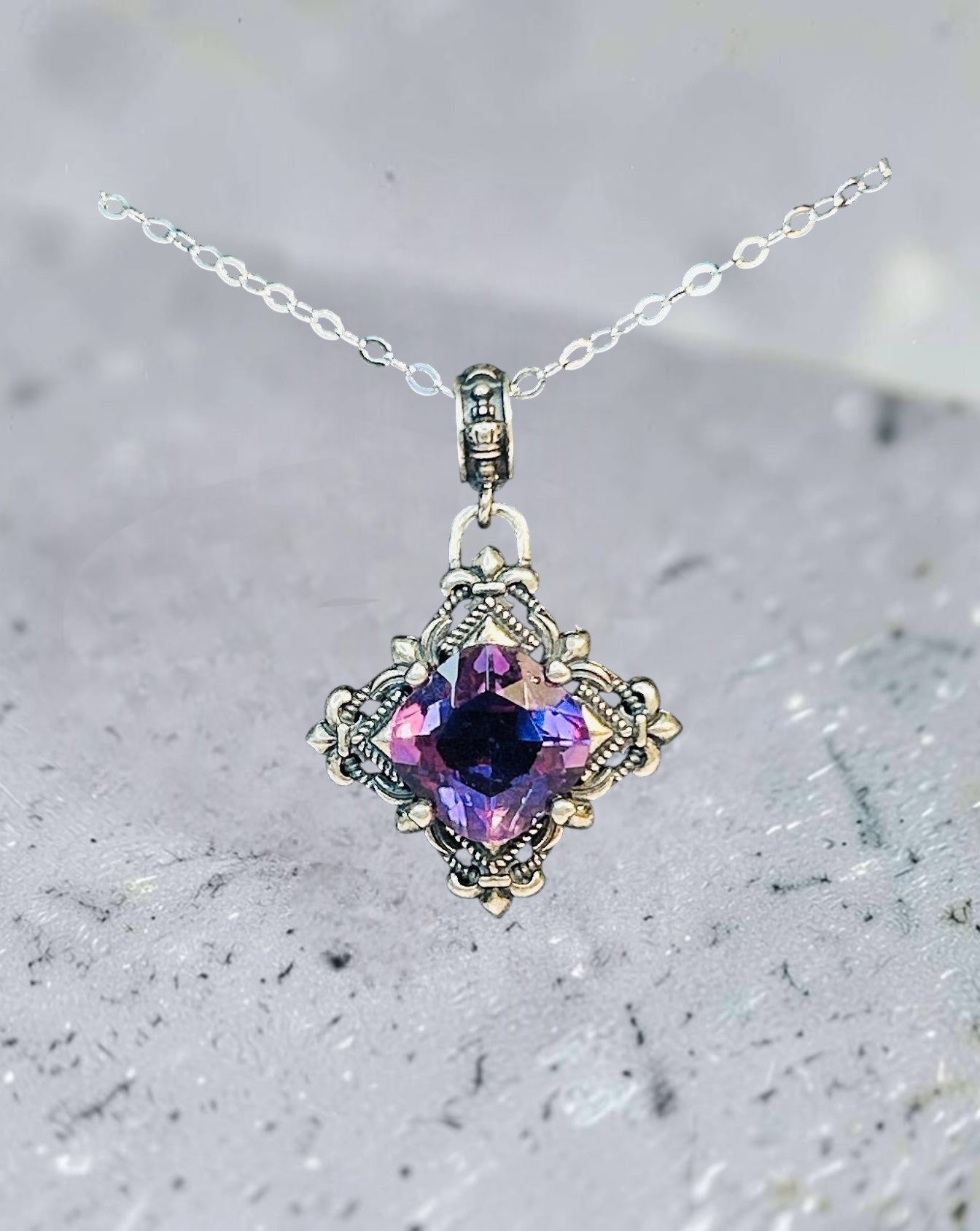 Fleur De Lys Pendant with Amethyst Gemstone • 925 Sterling Silver • Gift Box
