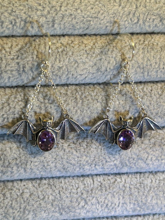Pair Bat Earrings With Faceted Amethyst Gemstone - 925 Silver Dangle Earrings - Giftboxed