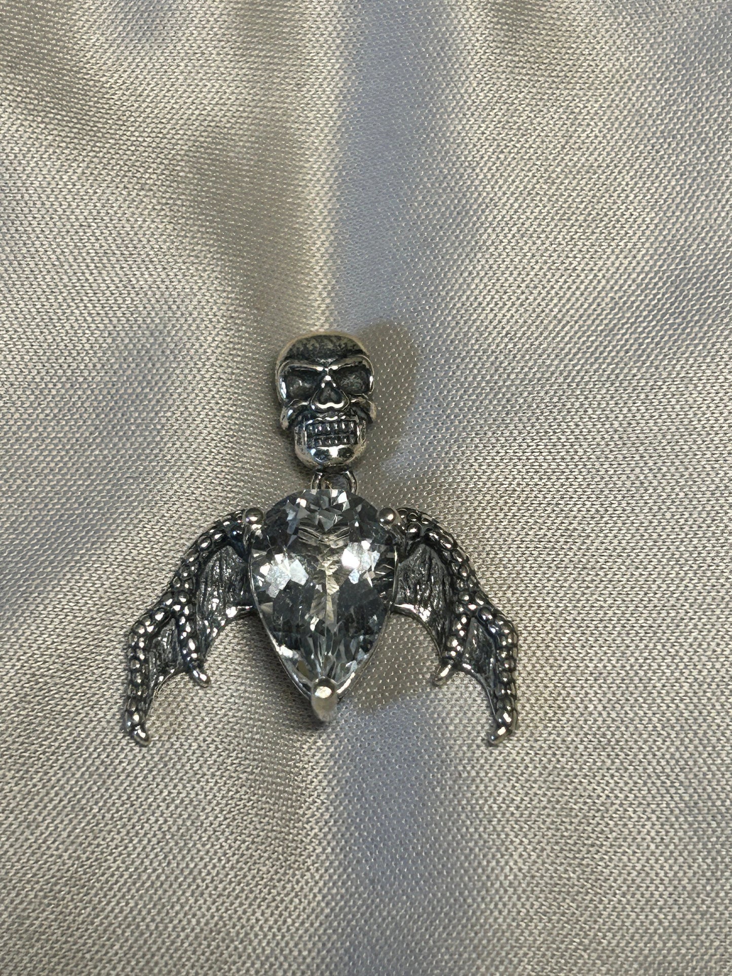 Gothic Skull Pendant with Bat Wings & Faceted Quartz Crystal - Sterling Silver Gemstone Jewelry