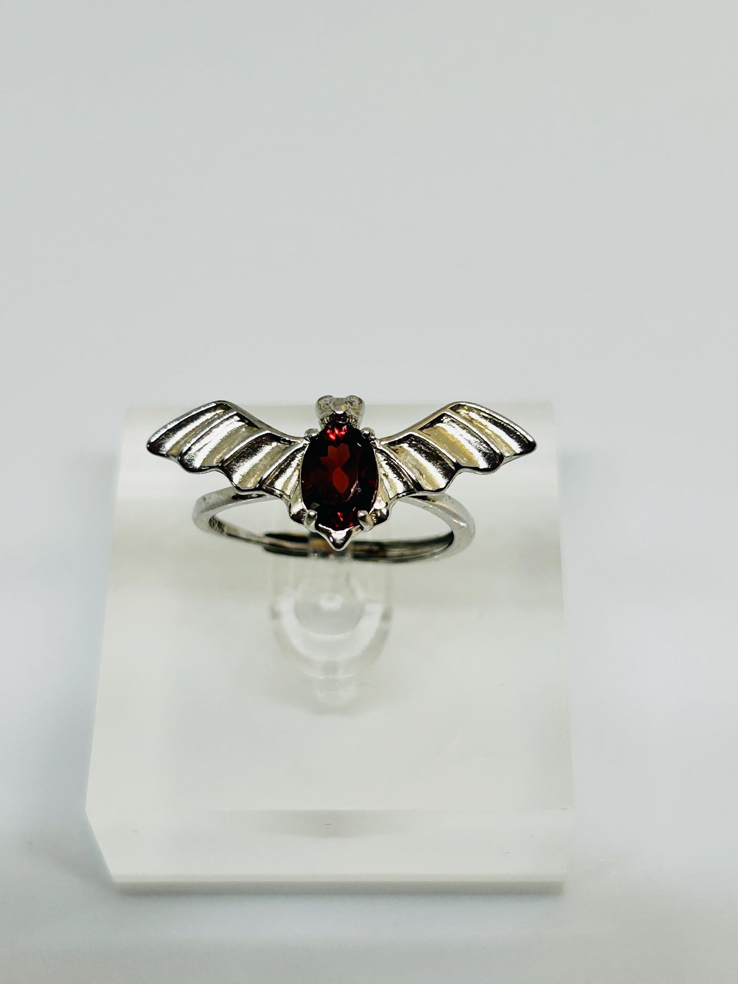 Gothic Bat Ring with Red Garnet Gemstone • 925 Sterling Silver • Adjustable • Gift Box