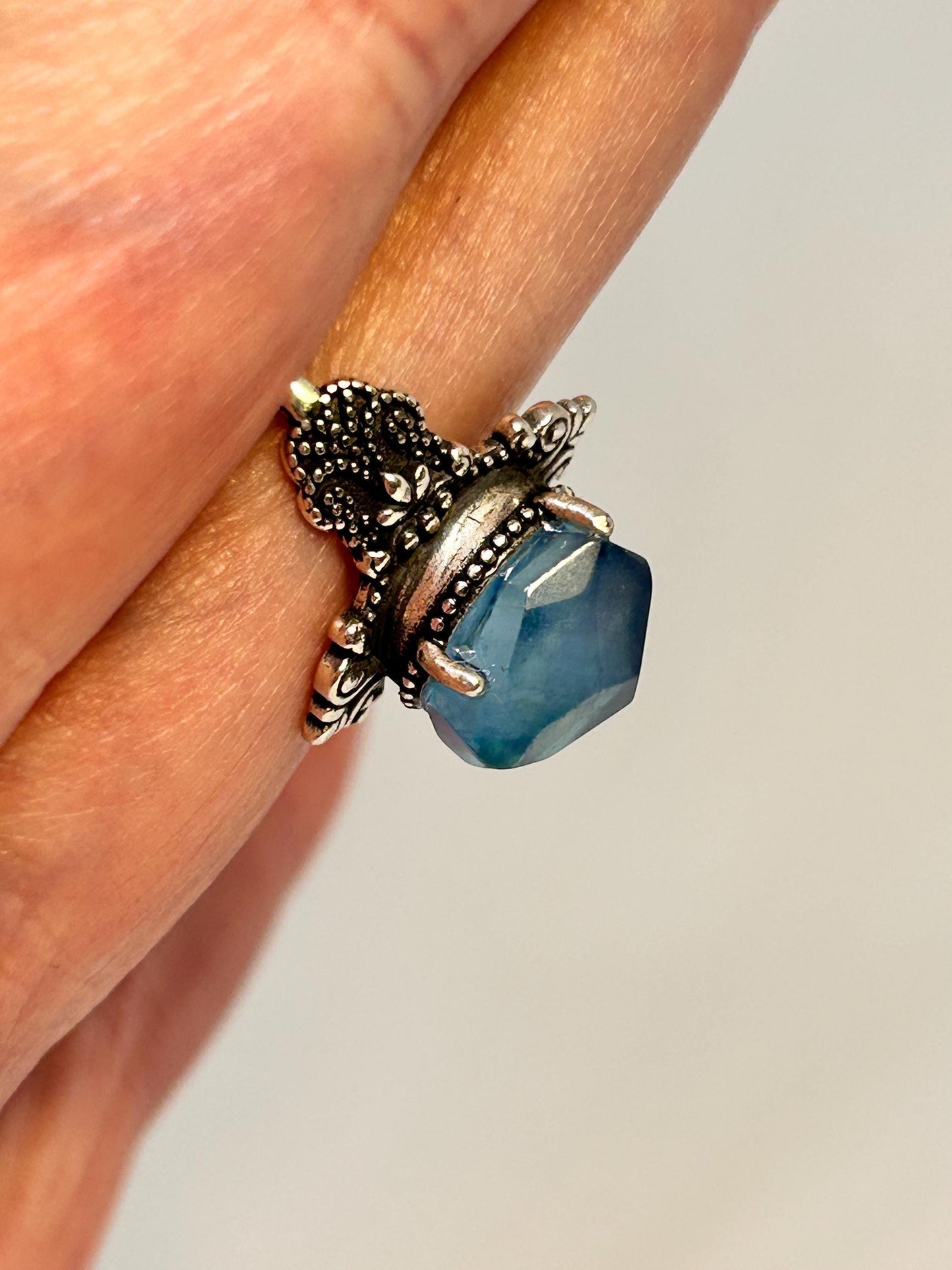 Fleur De Lys Ring with Aquamarine Gemstone • 925 Sterling Silver • Adjustable • Gift Box
