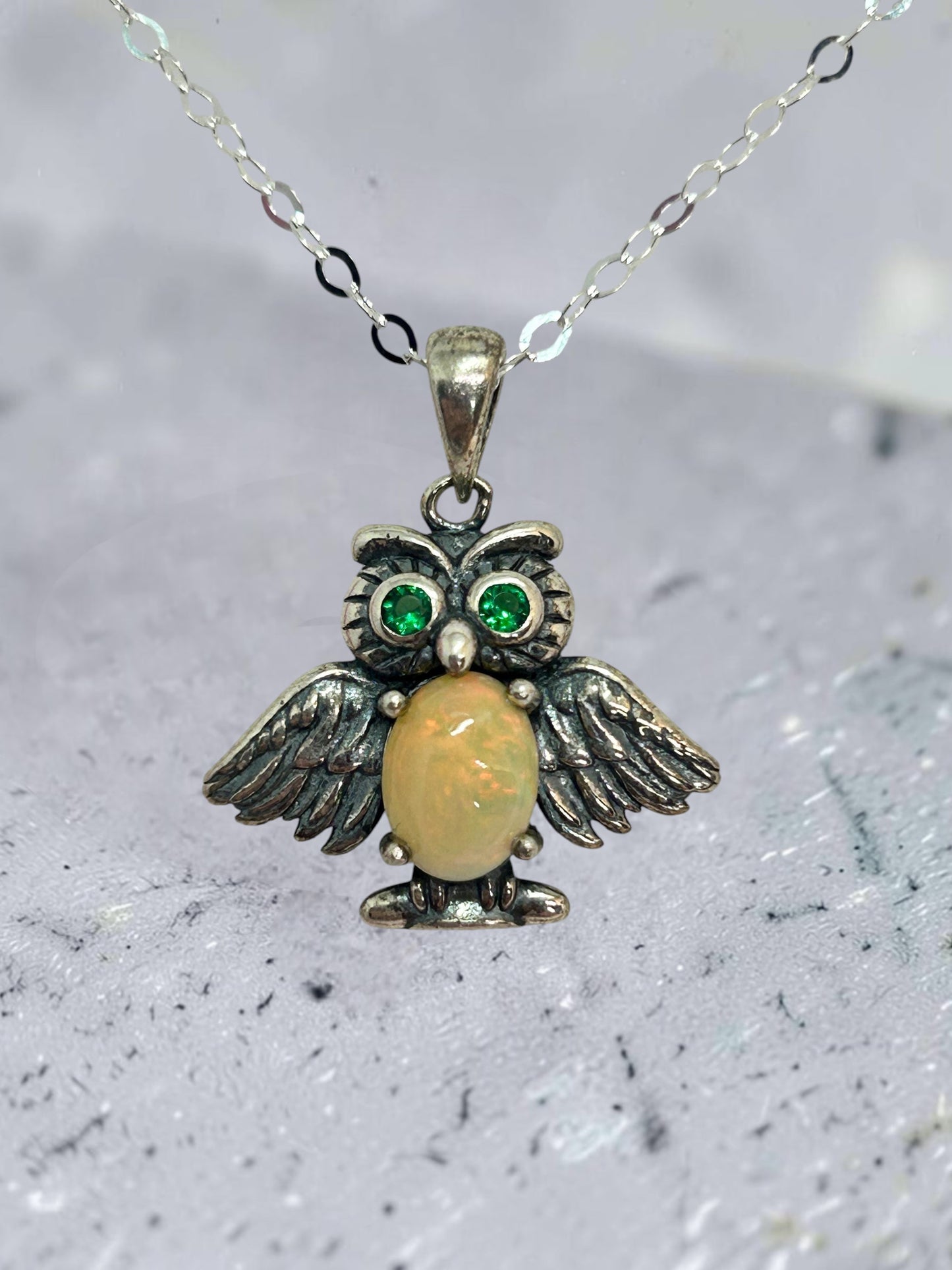 Owl Pendant with Opal Gemstone • 925 Sterling Silver • Gift box