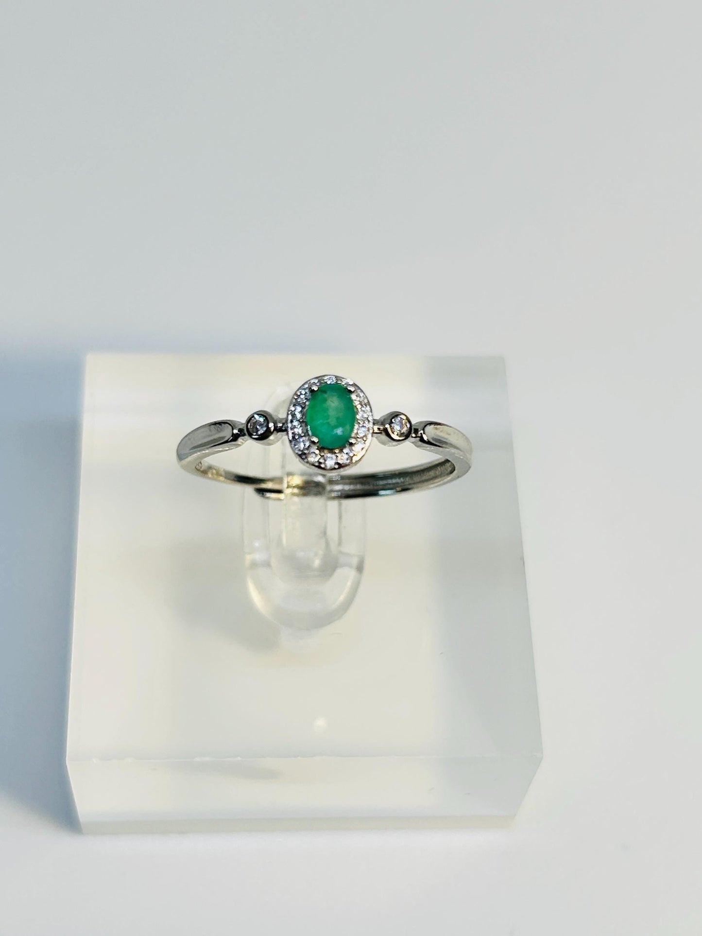 Dainty Stacking Ring with Emerald Gemstone & CZ Accents • 925 Sterling Silver • Adjustable • Gift Box