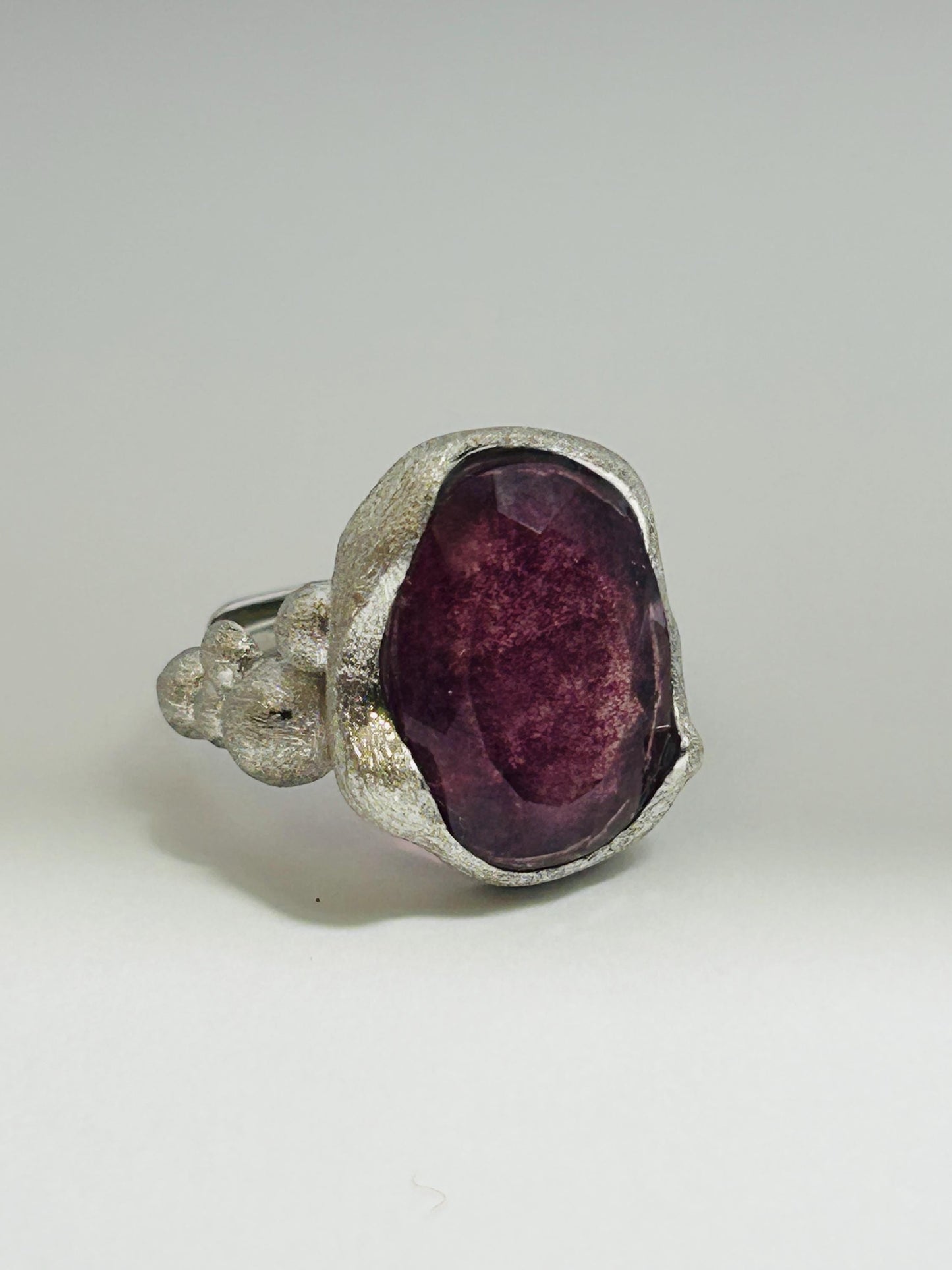 Textured Mens Ring with Purple Fluorite Gemstone • 925 Sterling Silver • Adjustable • Gift Box