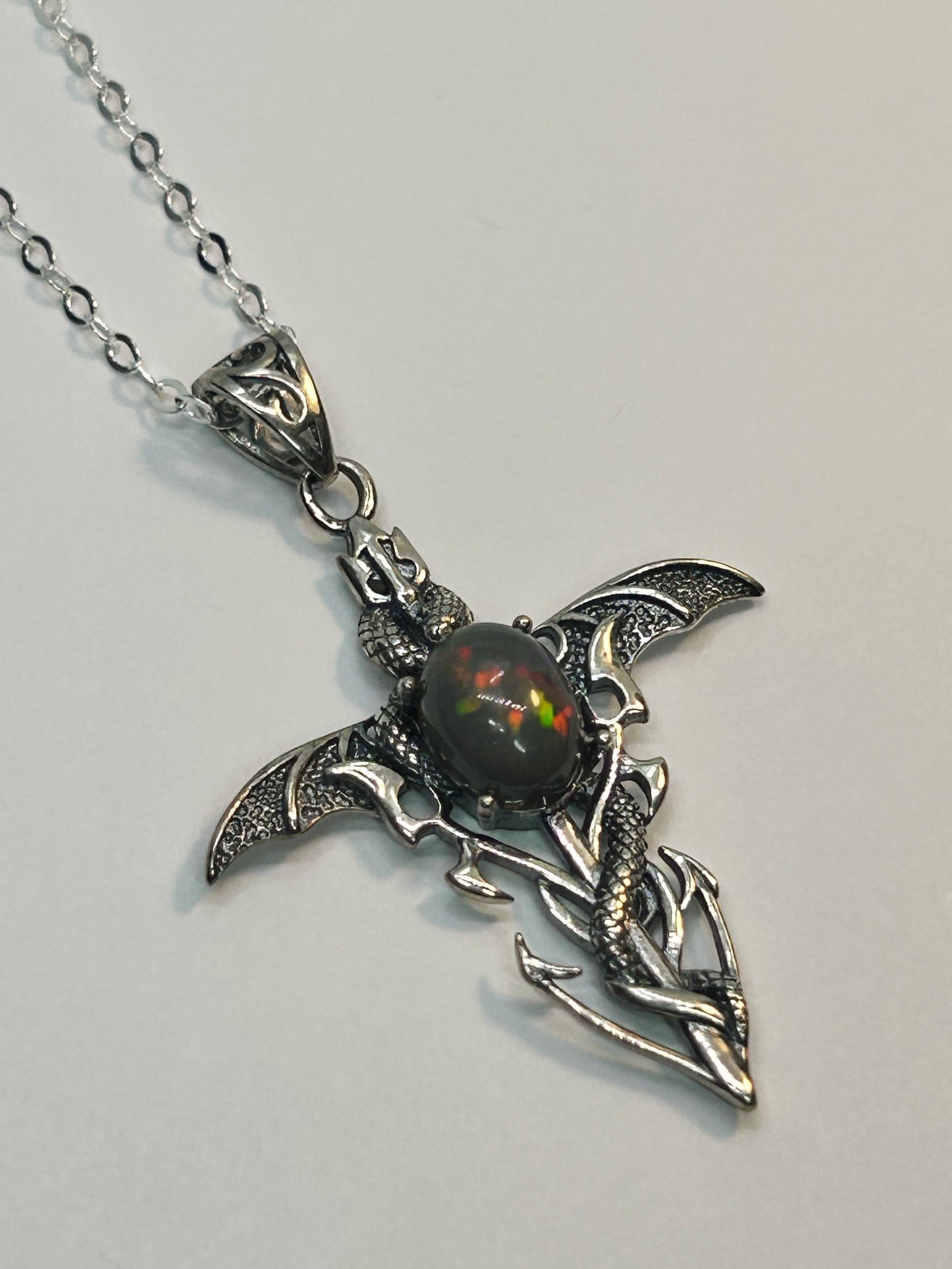 Dragon Cross Pendant with Black Opal Gemstone • 925 Sterling Silver • Gift box