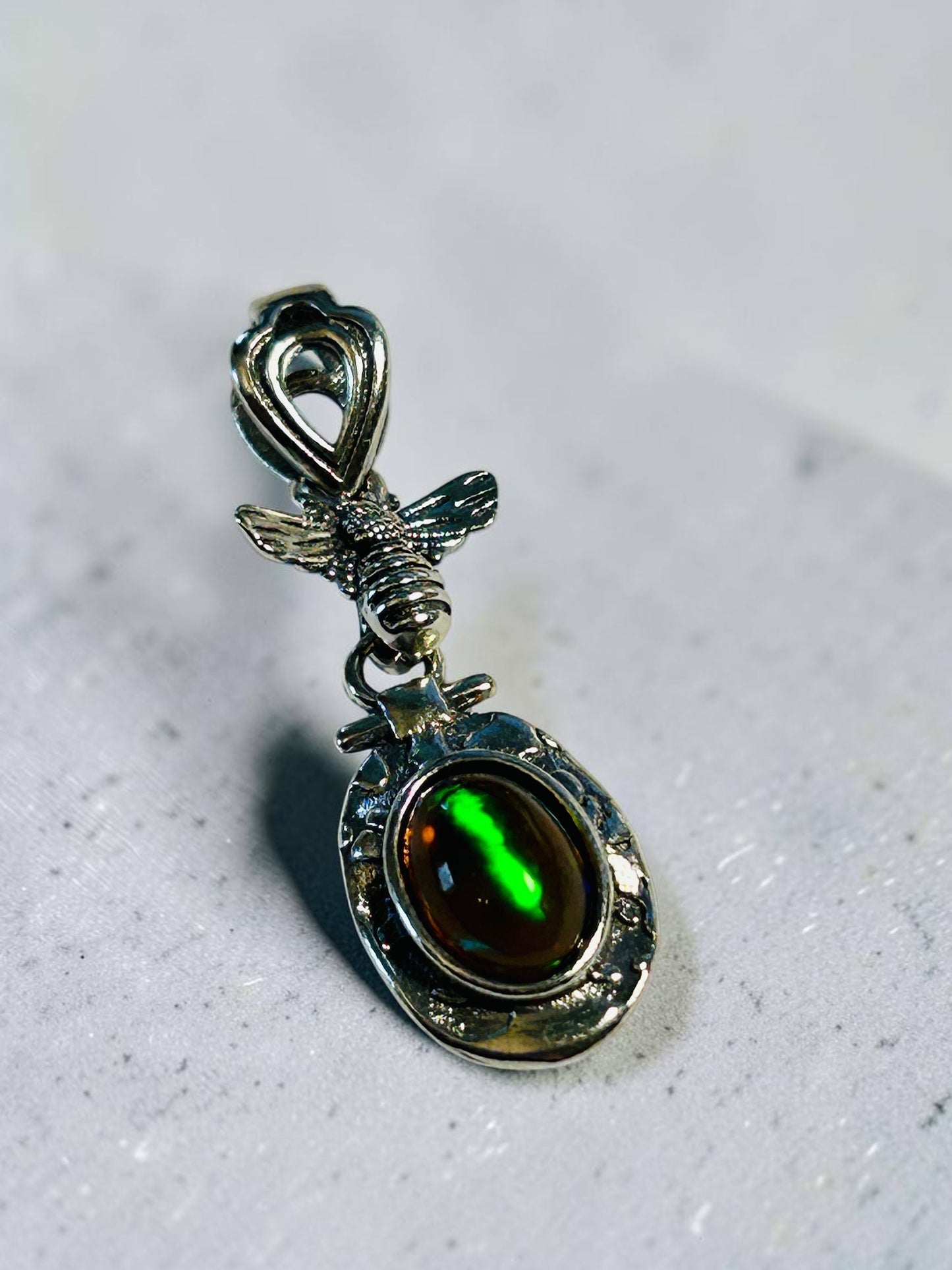 Bumble Bee Pendant with Black Opal Gemstone • 925 Sterling Silver • Gift Box