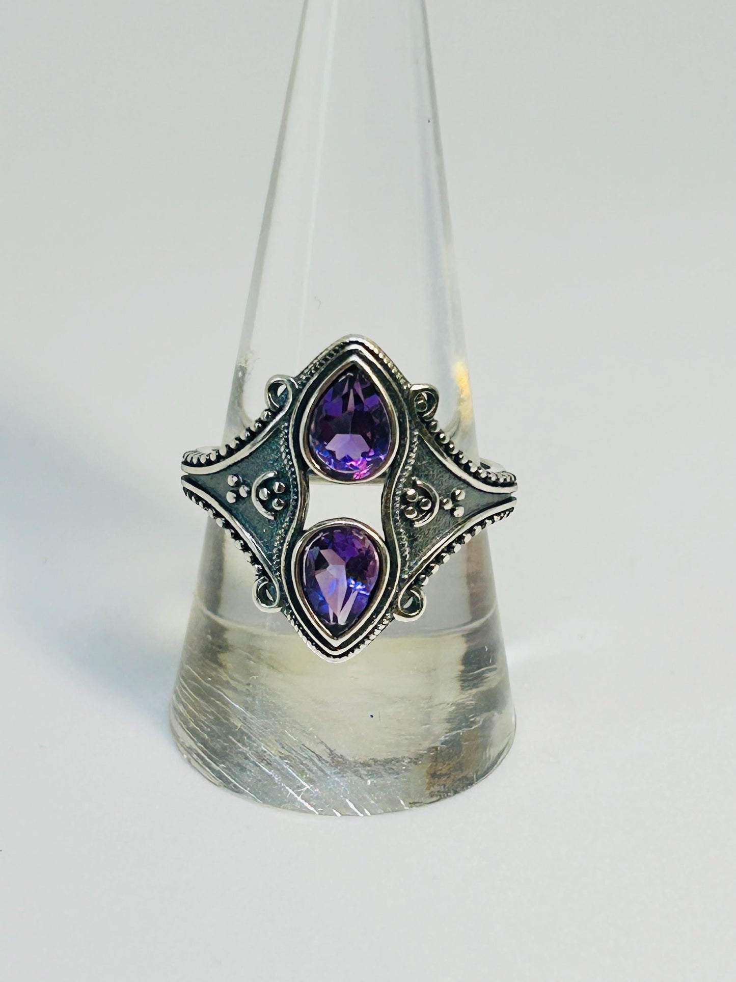 Corset Ring with 2 Amethyst Gemstones • 925 Sterling Silver • Adjustable • Gift Box