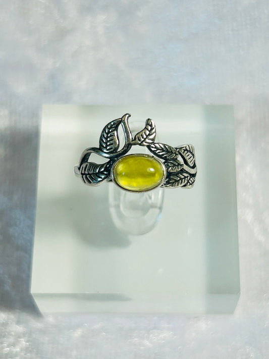 Golden Prehnite Ring: Sterling Silver Vine Leaf, Adjustable