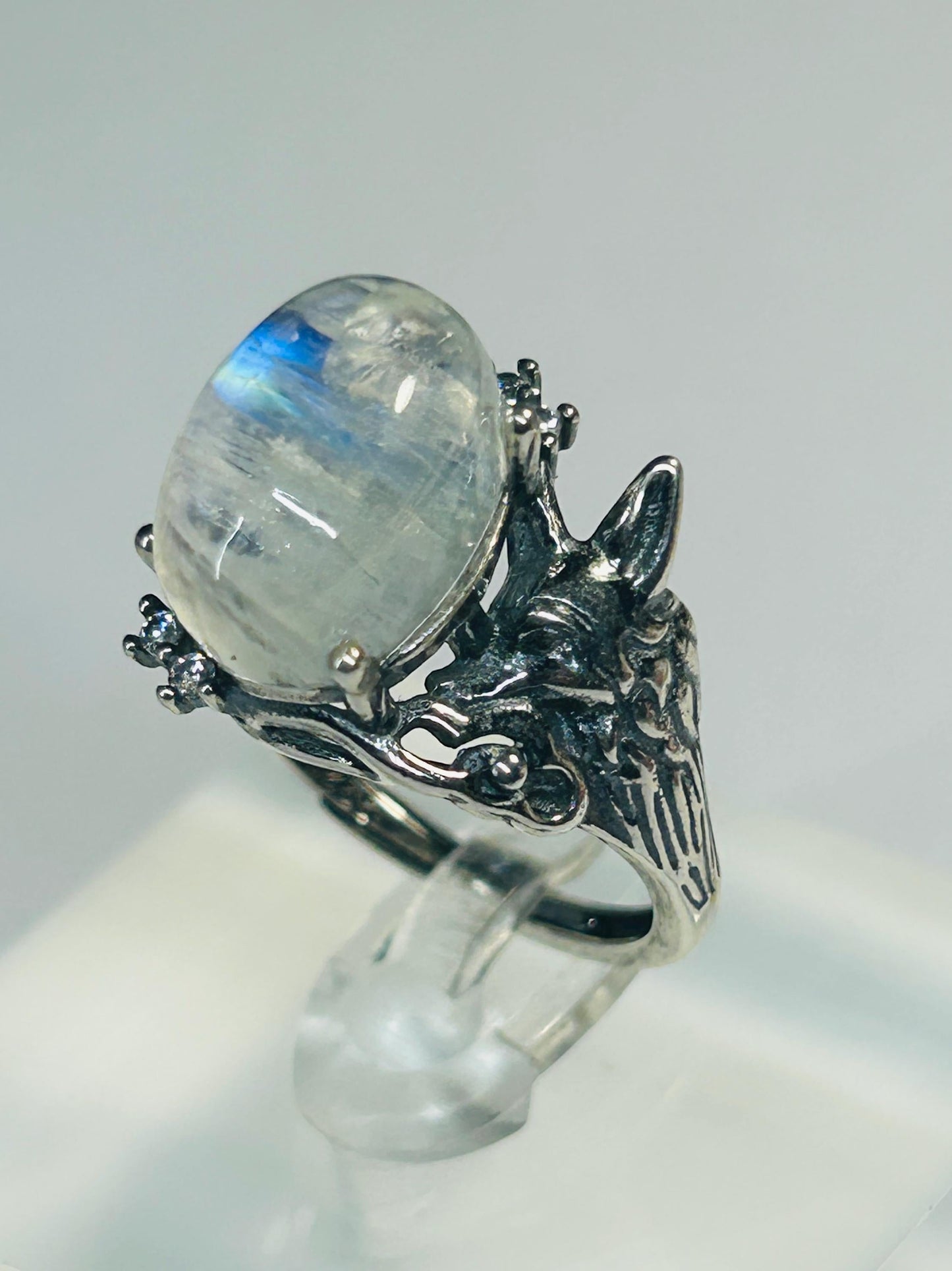 925 Silver Moonstone Ring • Fox Design • Adjustable • Giftbox
