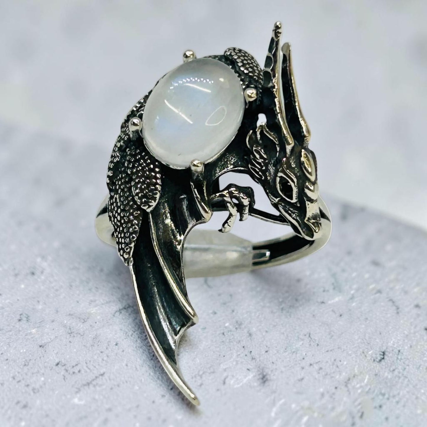 Dragon Ring with Rainbow Moonstone Gemstone • 925 Sterling Silver • Adjustable Size • Gift Box