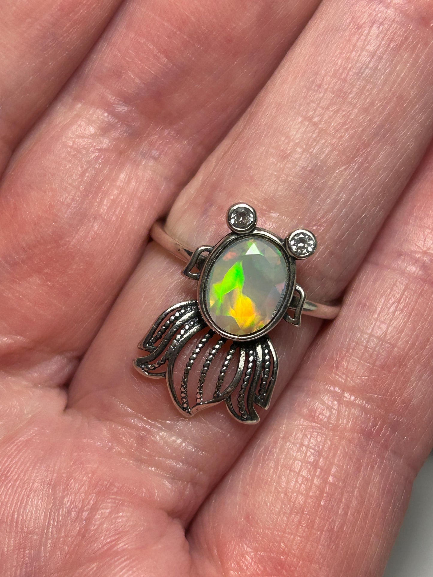 Unique Fish Ring With Opal Gemstone - 925 Sterling Silver - Adjustable - Gift Boxed
