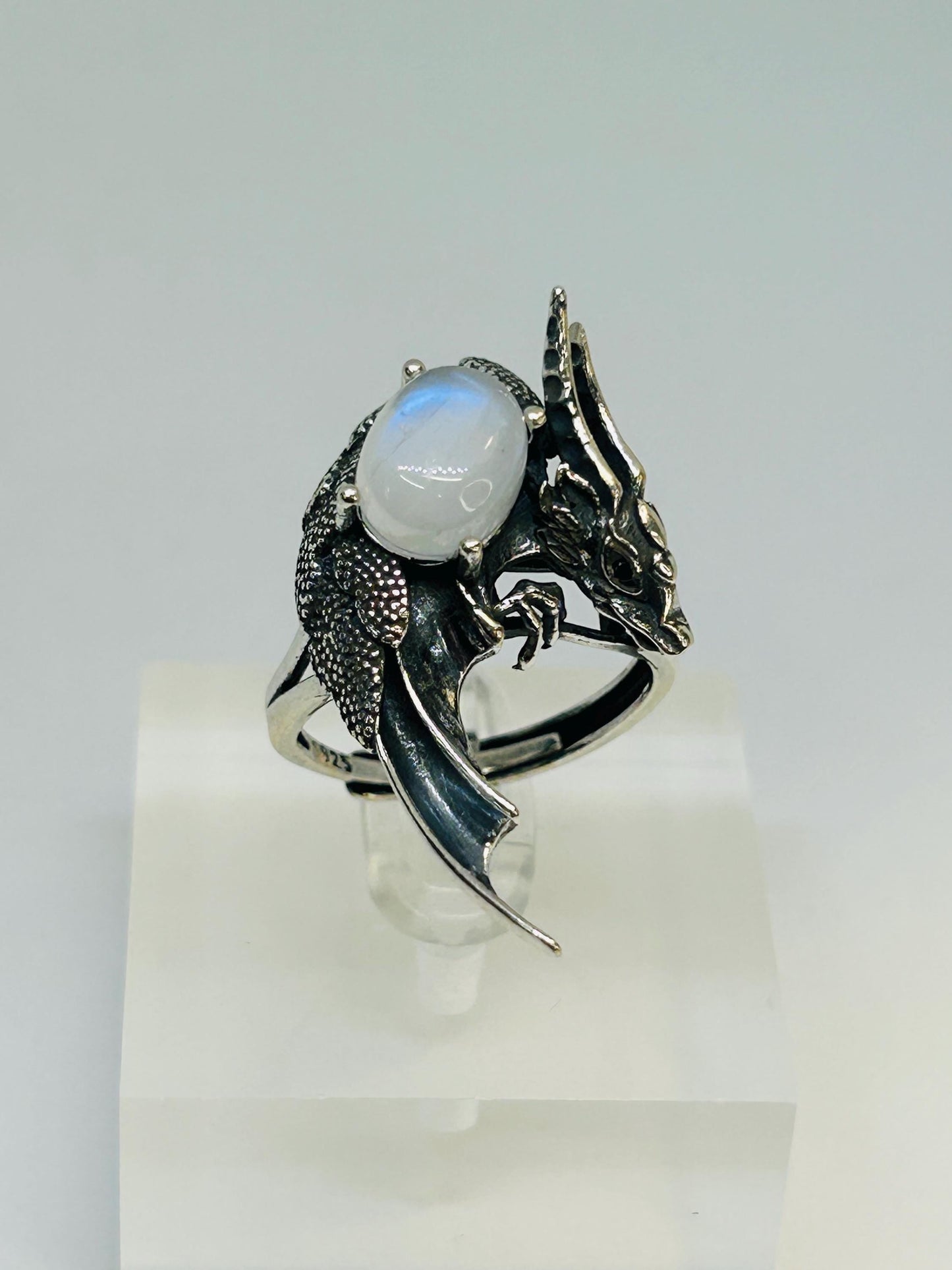Dragon Ring with Rainbow Moonstone Gemstone • 925 Sterling Silver • Adjustable Size • Gift Box