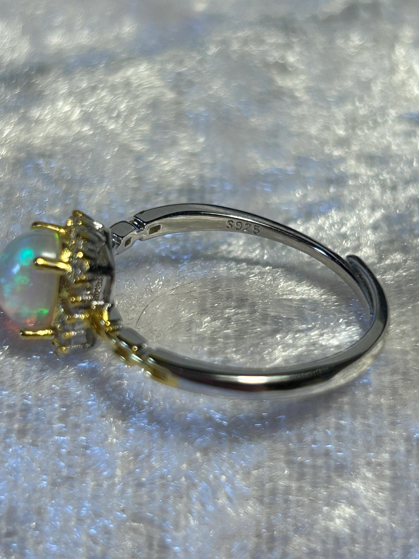 Rainbow Opal Ring with CZ Accents • Gold Plated 925 Sterling Silver • Adjustable • Gift Box
