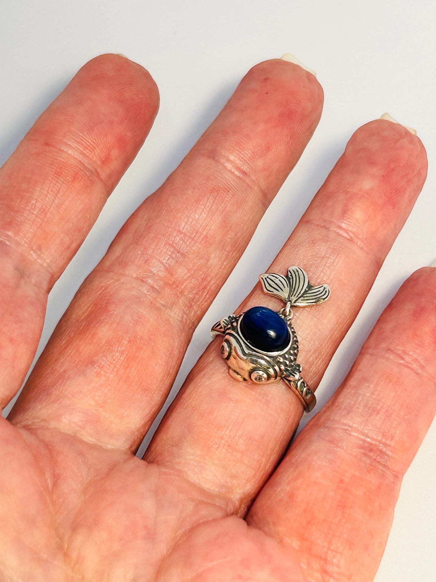 Fancy Fish Ring with Blue Kyanite Gemstone & Dangling Tail • 925 Sterling Silver • Adjustable • Gift Box