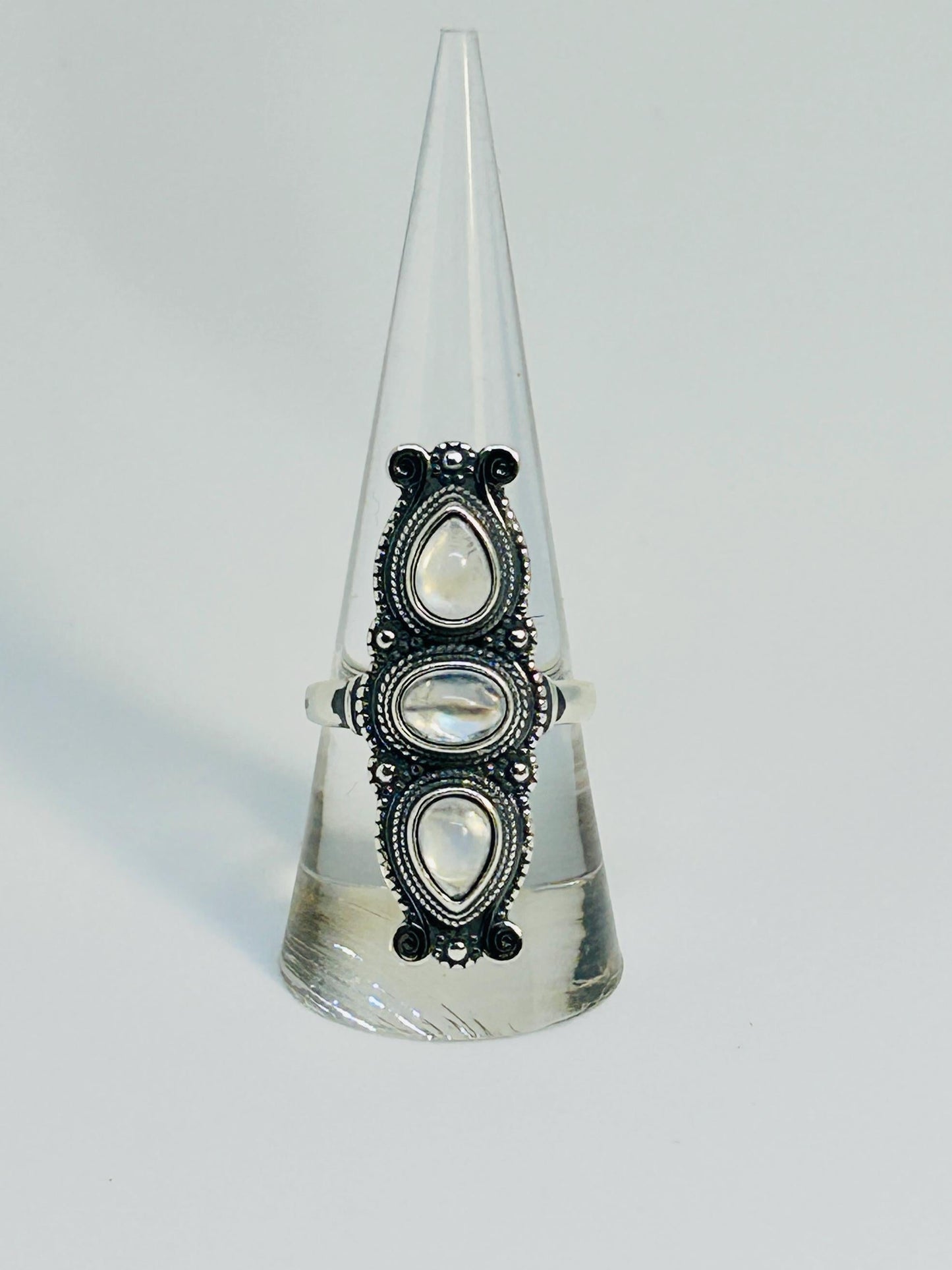 Bohemian Ring with Three Moonstone Gemstones • 925 Sterling Silver • Adjustable • Gift Box