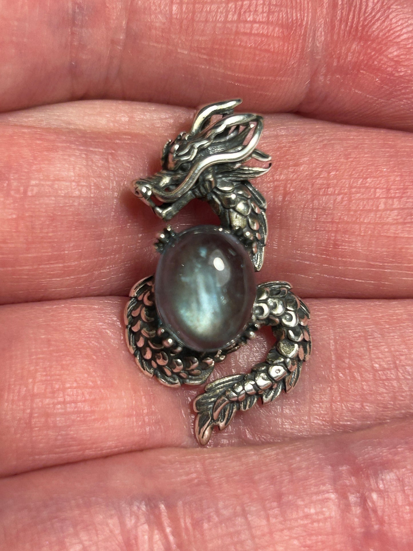 Dragon Pendant Made of 925 Silver With Aquamarine Crystal Gemstone - Supplied In Gift Box