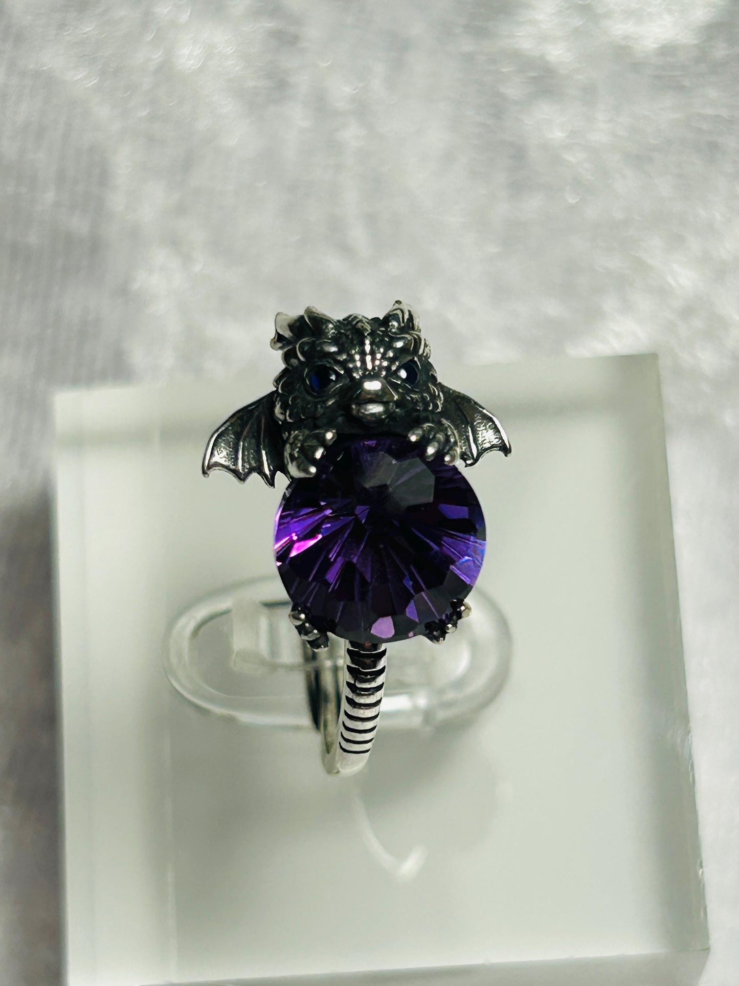 Baby Dragon Ring with Faceted Amethyst Gemstone • Adjustable • Gift Box