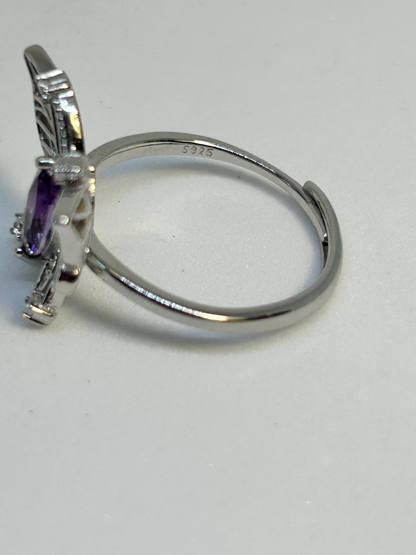 Ornate Butterfly Ring with Faceted Amethyst Gemstone & CZ Accents • 925 Sterling Silver • Adjustable • Gift Box