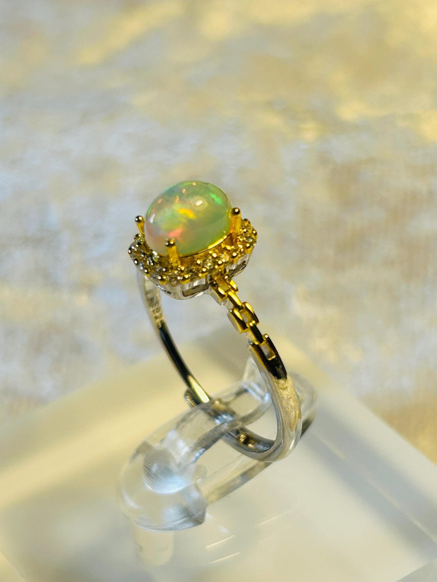 Rainbow Opal Ring with CZ Accents • Gold Plated 925 Sterling Silver • Adjustable • Gift Box