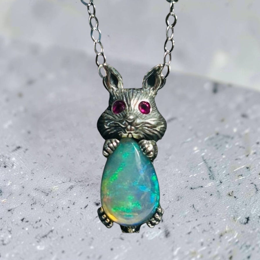 Rabbit Pendant with Opal Gemstone • 925 Sterling Silver • Gift Box