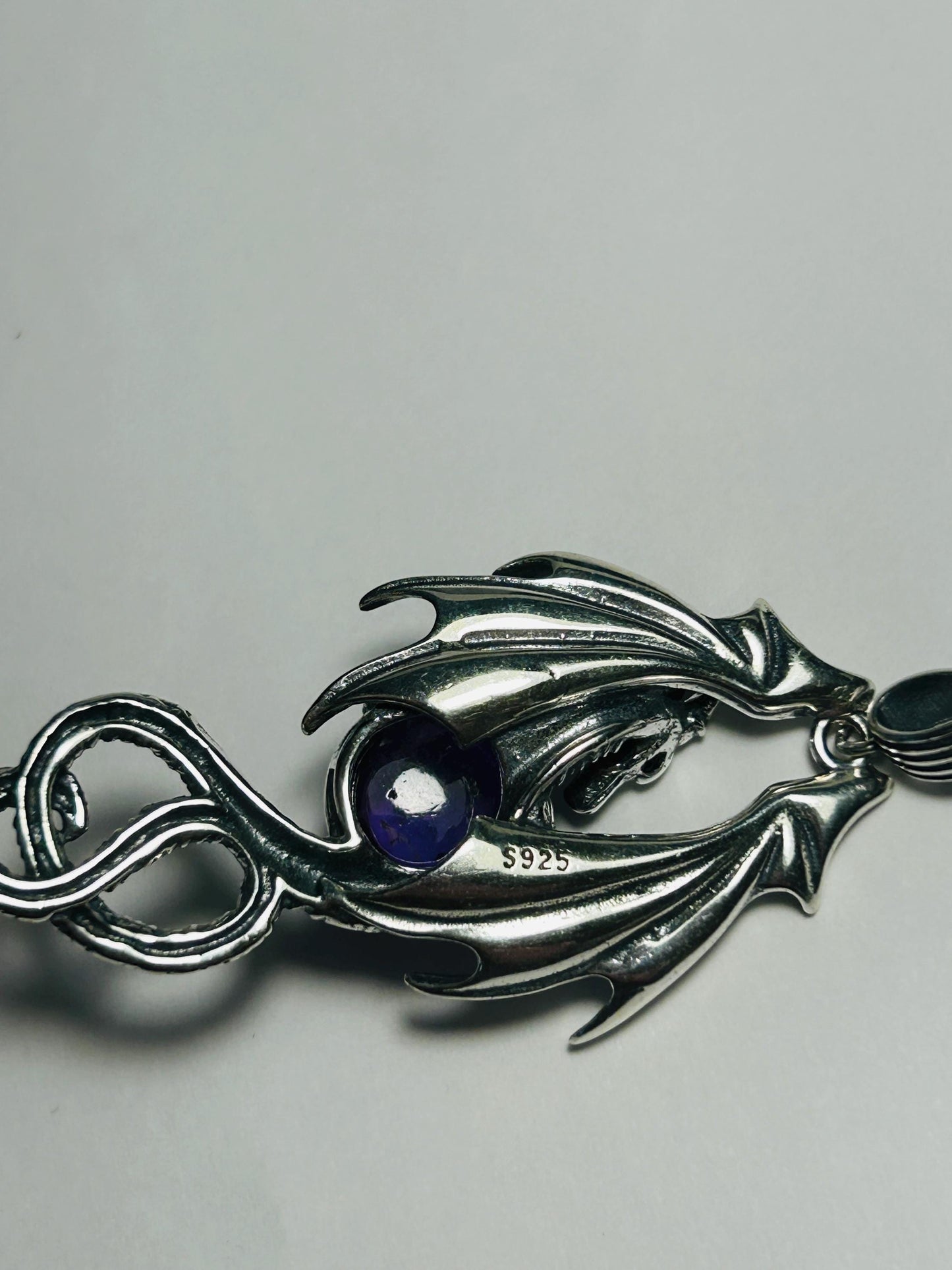 Dragon Pendant with Amethyst Gemstone • 925 Sterling Silver • Gift Box