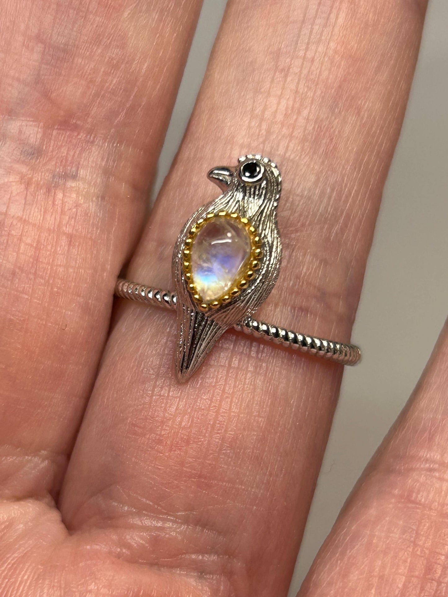 Dainty Bird Ring With Moonstone Gemstone • 925 Sterling Silver • Adjustable with Gift Box