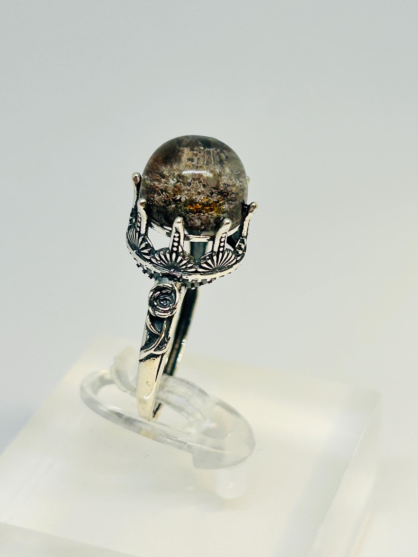 Floral Ring with Garden Quartz Gemstone • 925 Sterling Silver • Adjustable • Gift Box