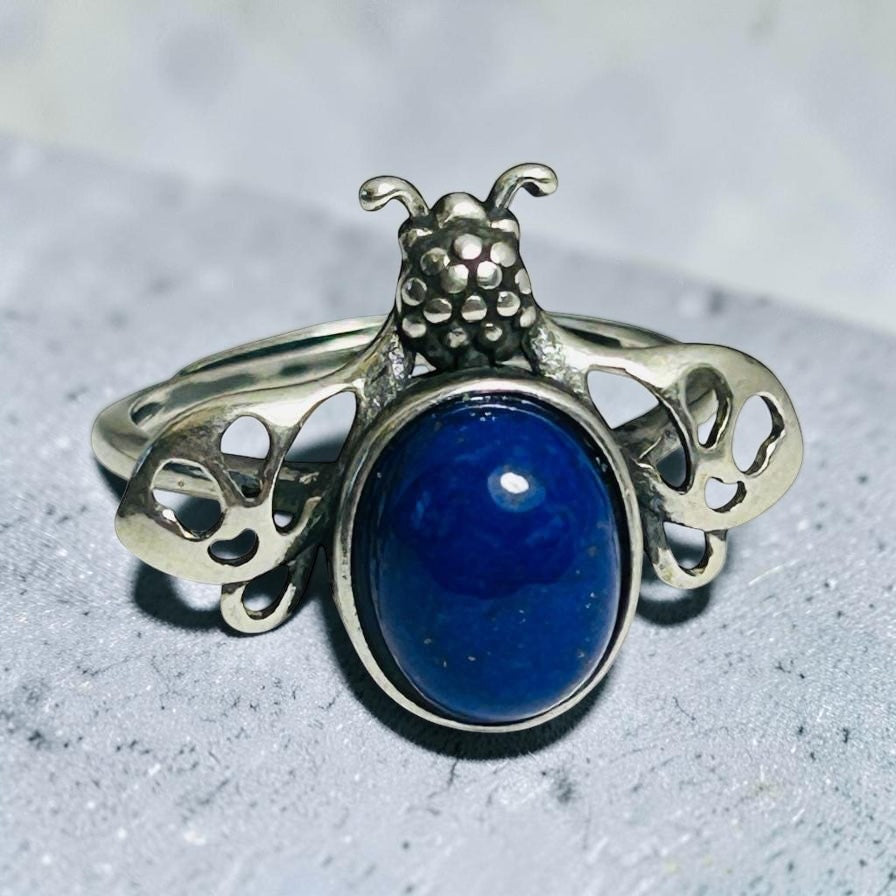Bumble Bee Ring with Lapis Lazuli Gemstone • 925 Sterling Silver • Adjustable • Gift box