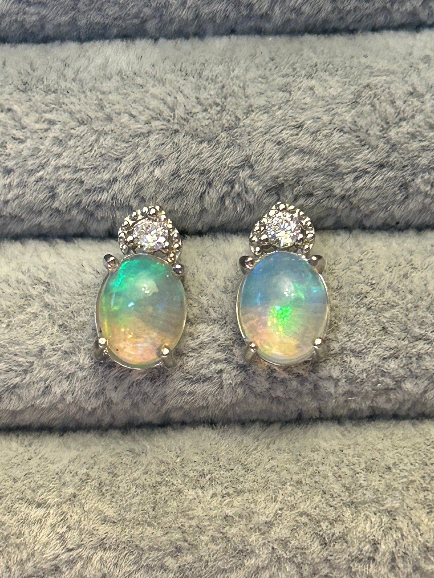 Rainbow Opal Stud Earrings with CZ Accents • 925 Sterling Silver • Gift Box